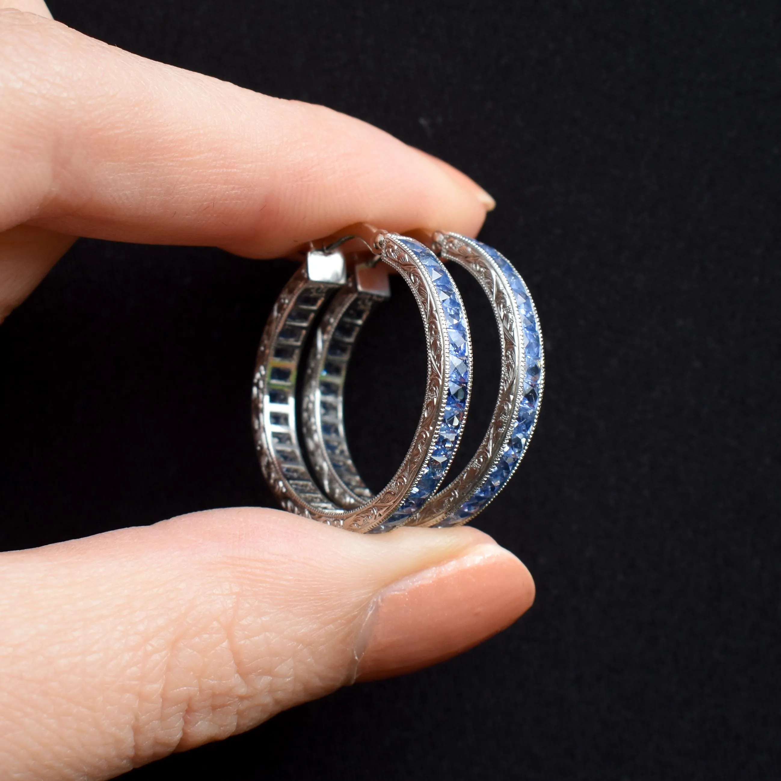 3.6ct Ceylon Blue Sapphire Hoop Engraved Platinum Earrings