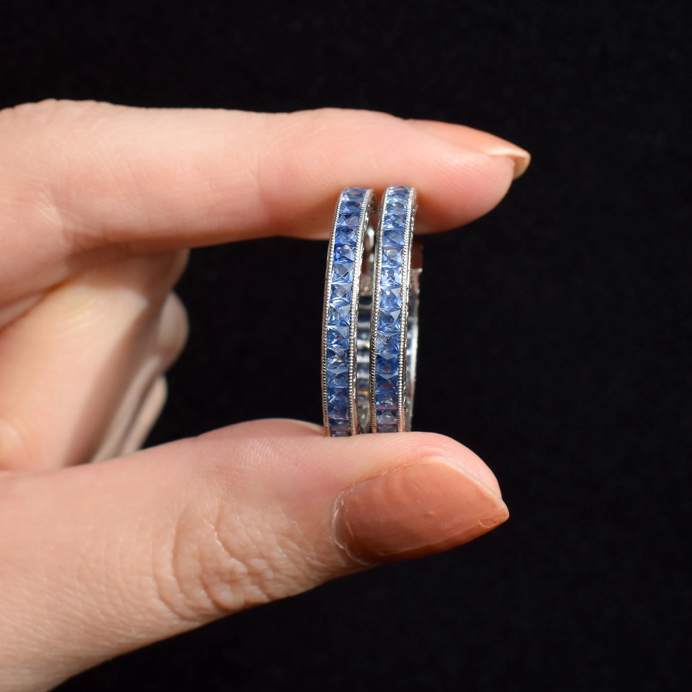 3.6ct Ceylon Blue Sapphire Hoop Engraved Platinum Earrings