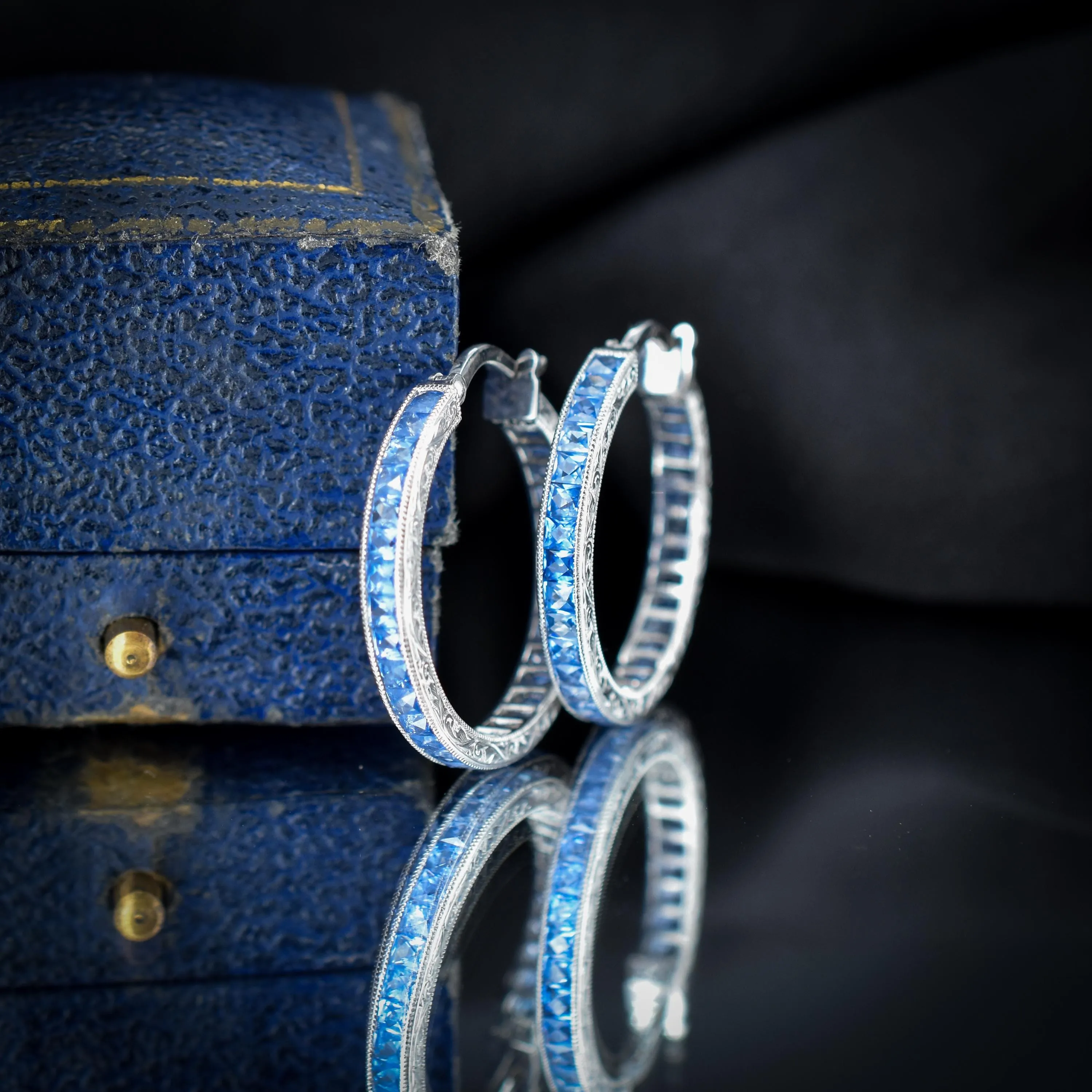 3.6ct Ceylon Blue Sapphire Hoop Engraved Platinum Earrings