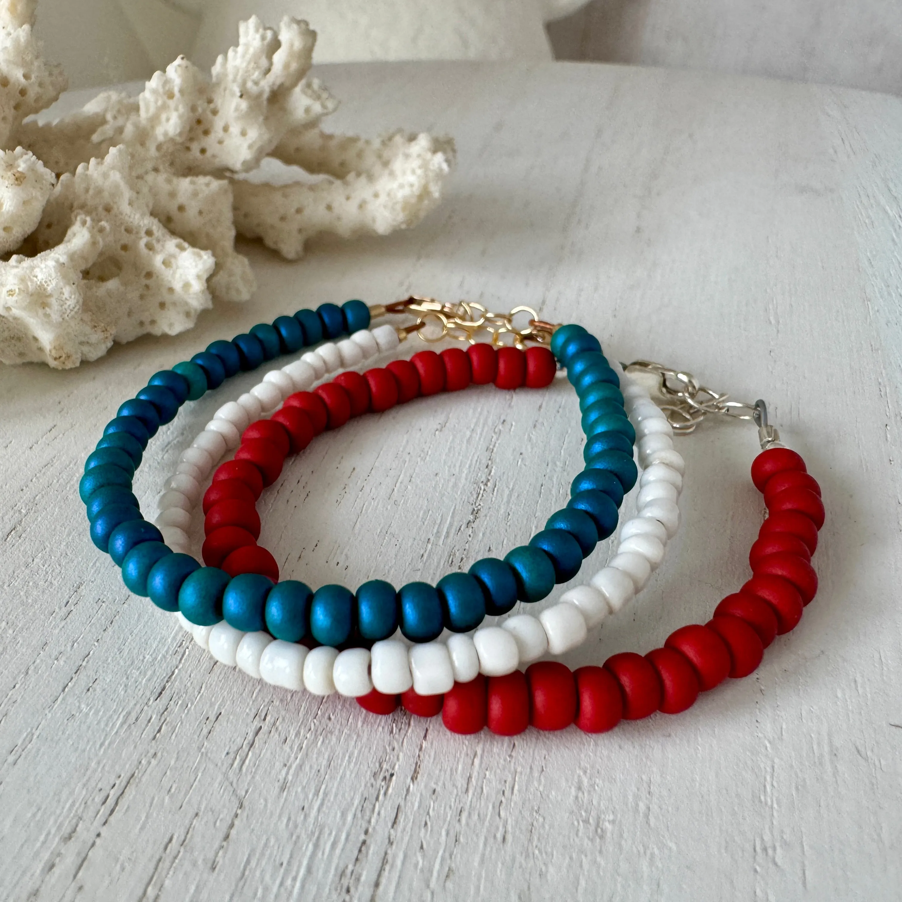 4th of July American Flag Bead Bracelet Set - Set of 3 or Each