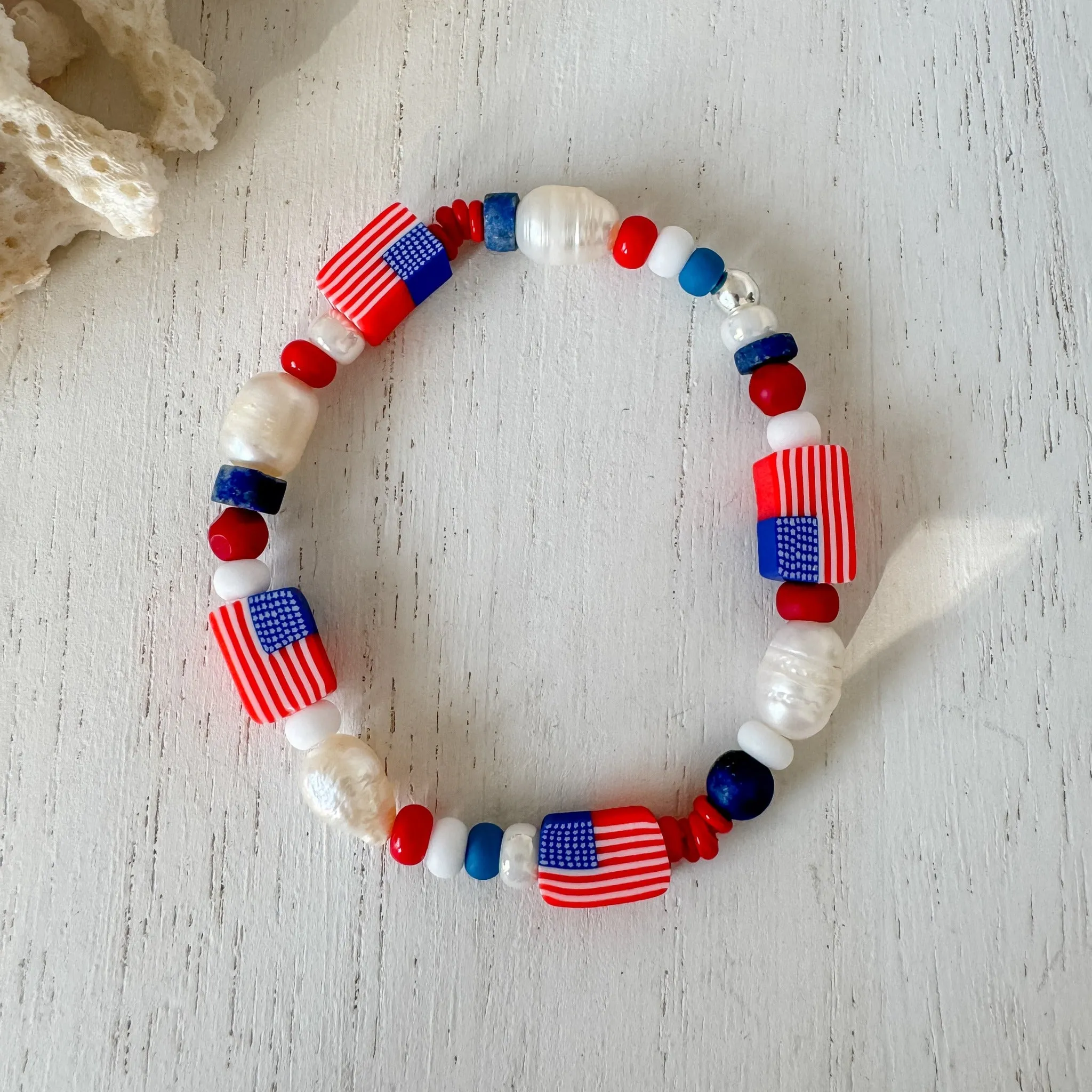 4th of July American Flag Bead Bracelet Set - Set of 3 or Each