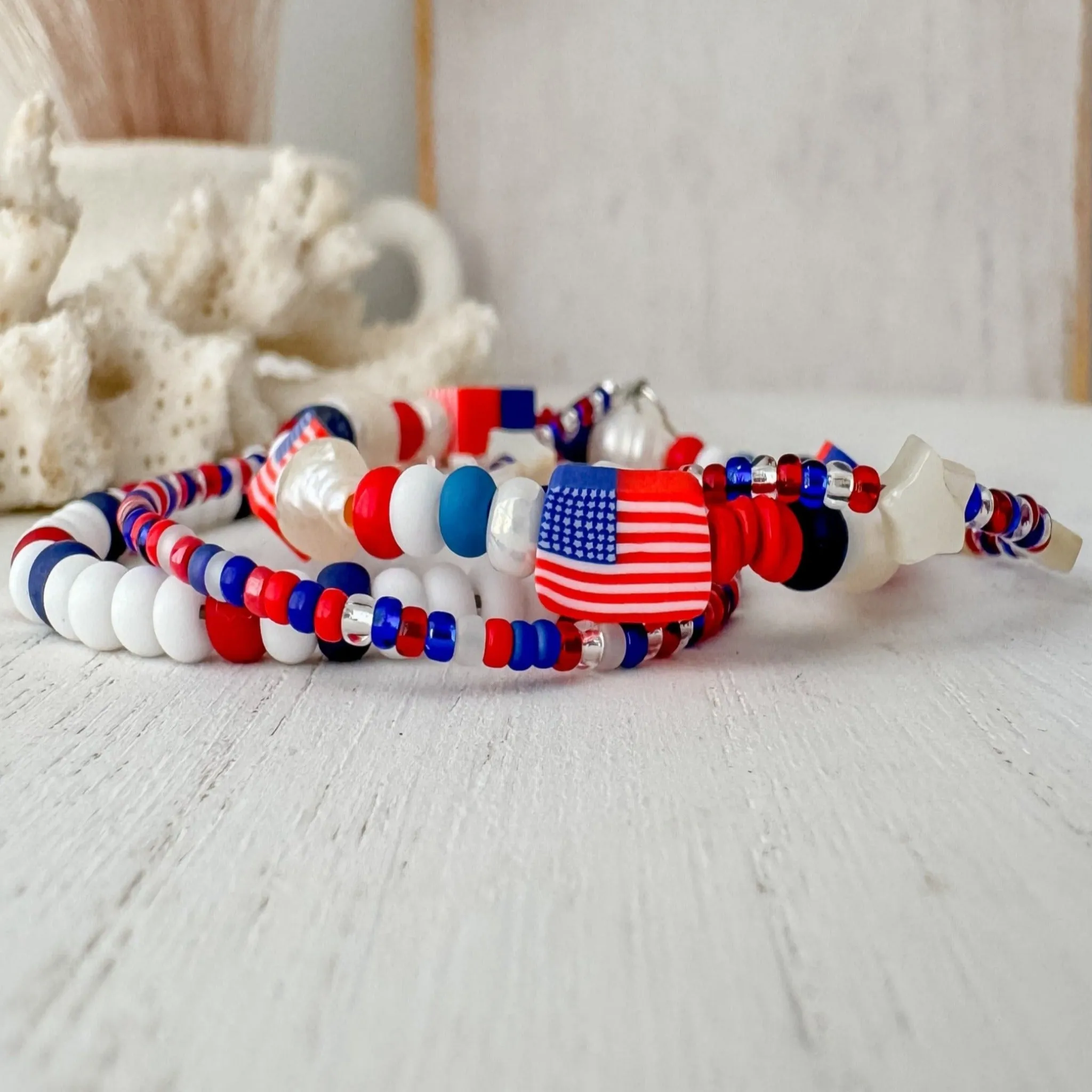 4th of July American Flag Bead Bracelet Set - Set of 3 or Each