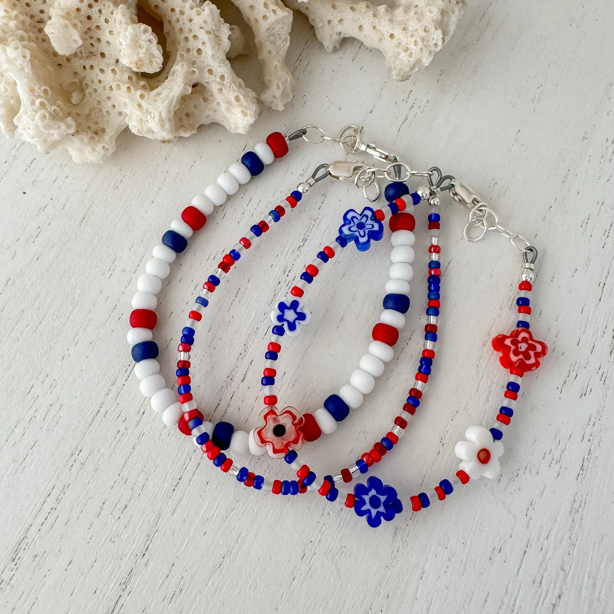 4th of July American Flag Bead Bracelet Set - Set of 3 or Each