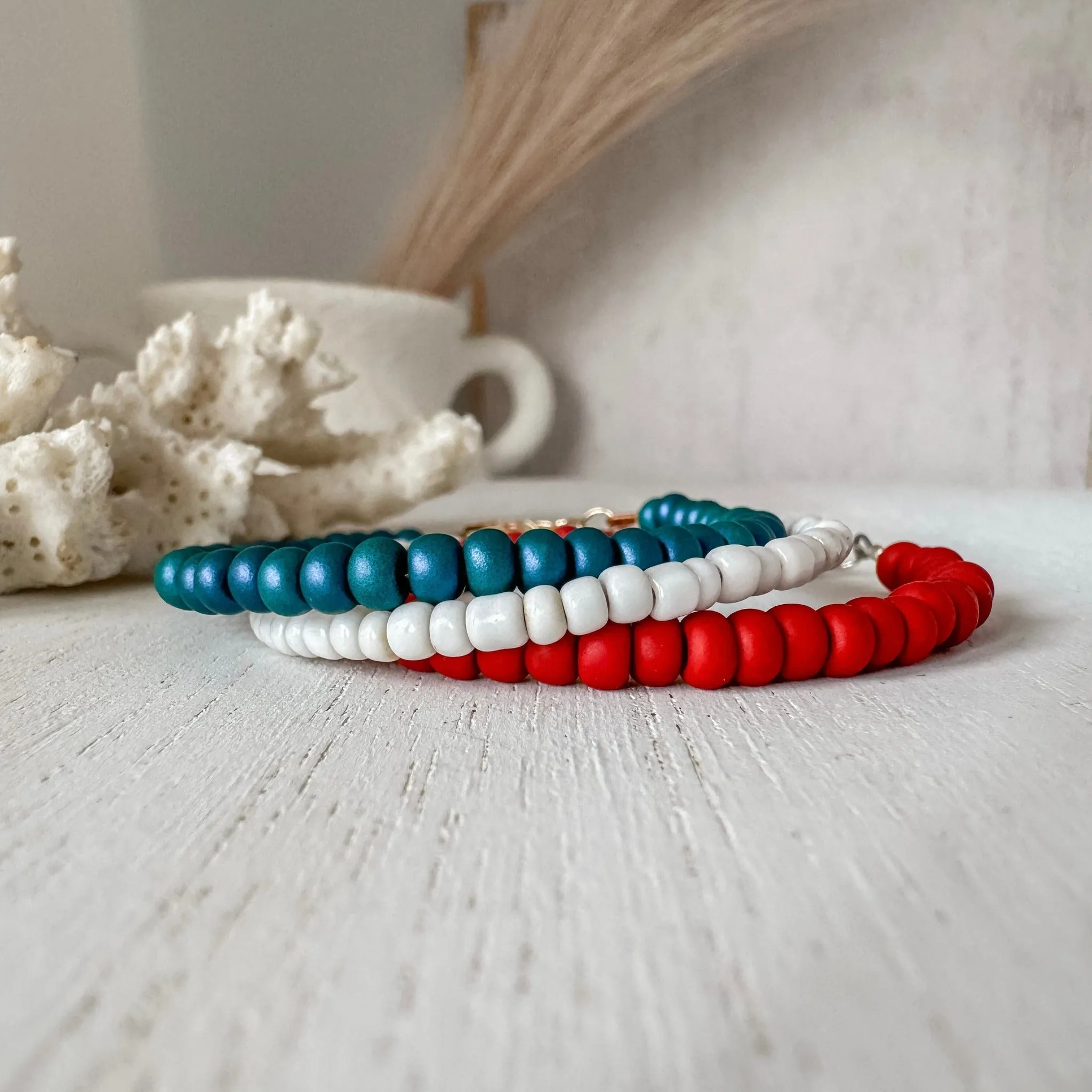 4th of July American Flag Bead Bracelet Set - Set of 3 or Each