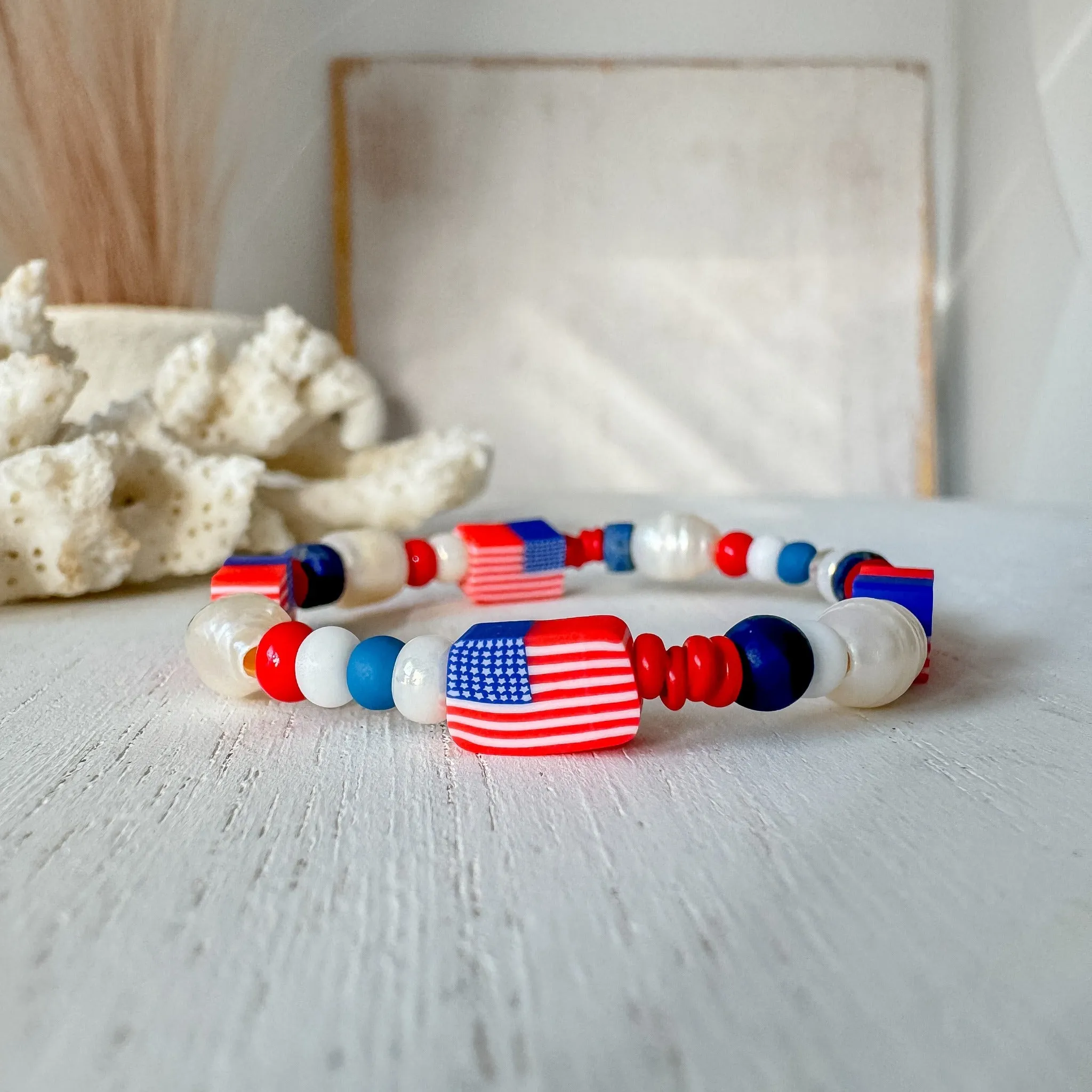 4th of July American Flag Bead Bracelet Set - Set of 3 or Each