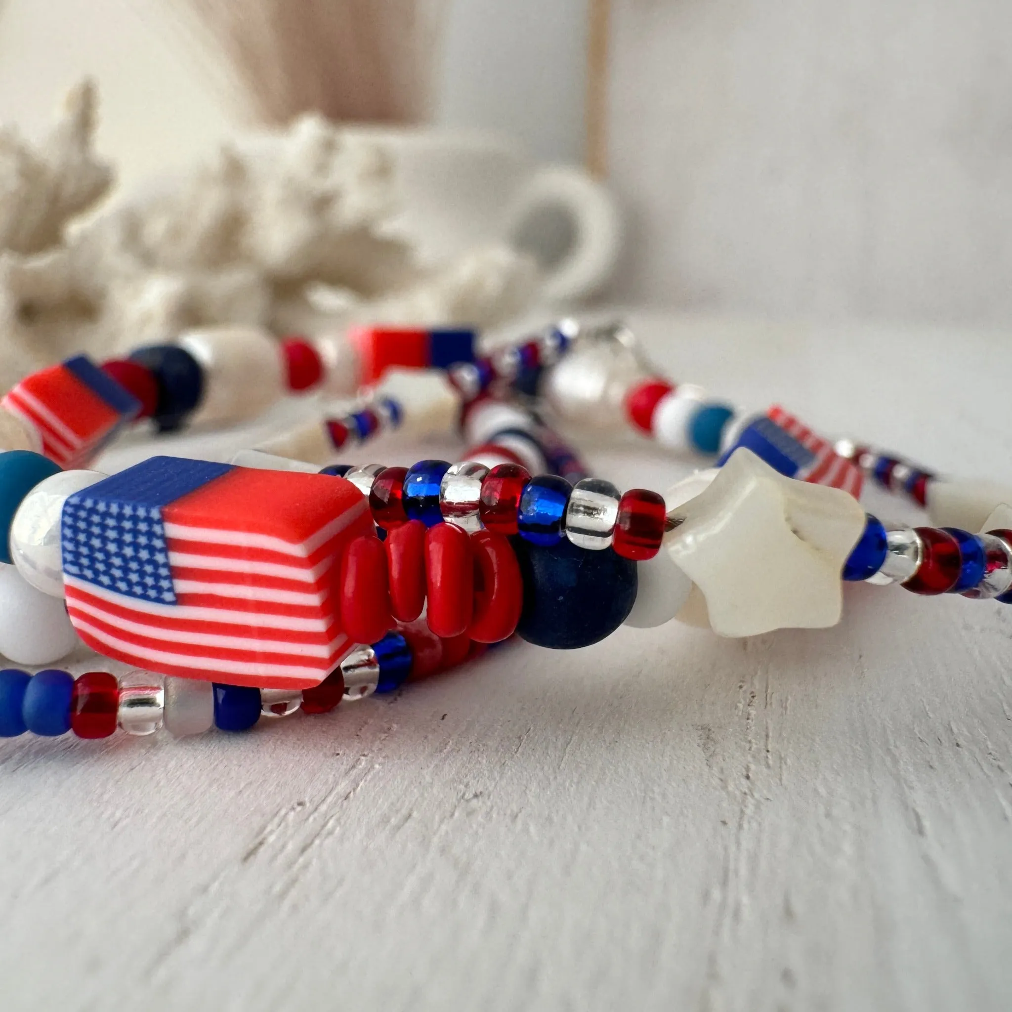 4th of July American Flag Bead Bracelet Set - Set of 3 or Each
