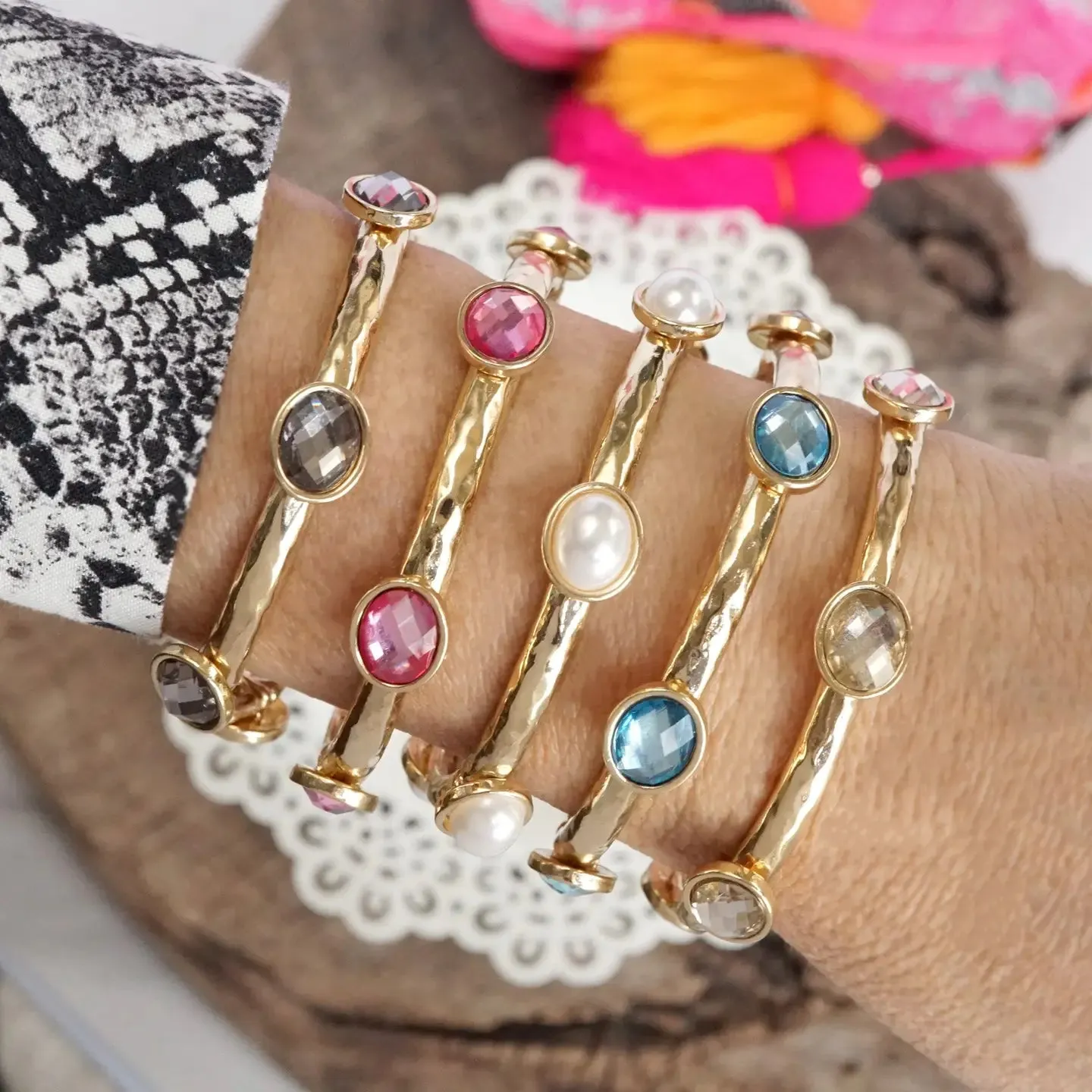 5 Piece Boho Beaded Bracelet Stack Semi Precious Glass Beads - Pearl