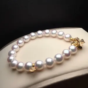 7.5-8.0 mm AAA White Akoya Pearl & Diamond Bracelet in G18K Clasp