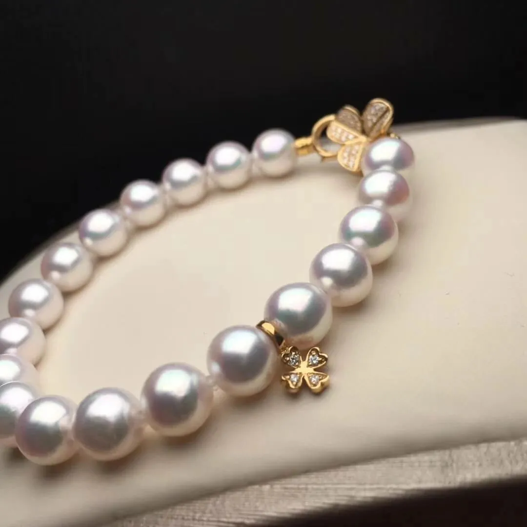 7.5-8.0 mm AAA White Akoya Pearl & Diamond Bracelet in G18K Clasp
