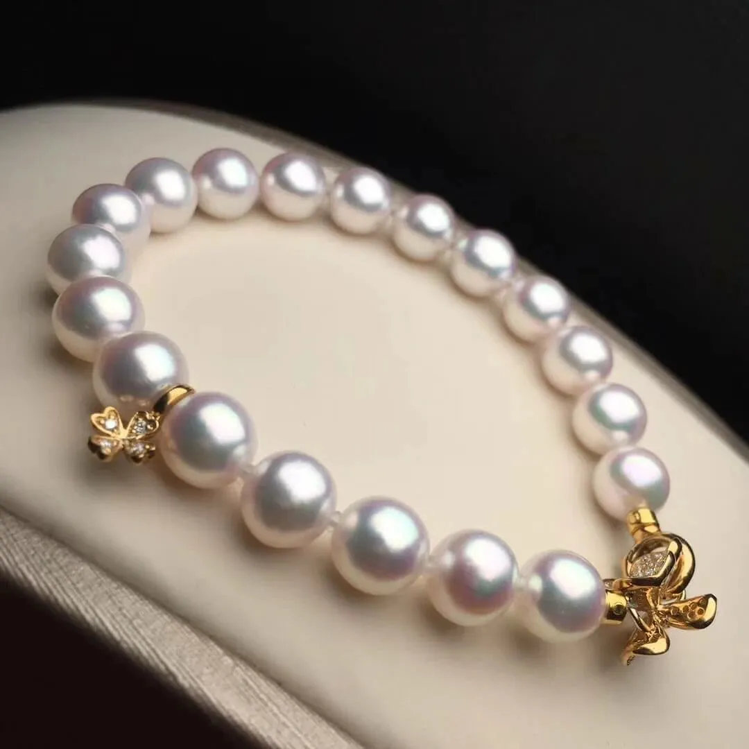 7.5-8.0 mm AAA White Akoya Pearl & Diamond Bracelet in G18K Clasp