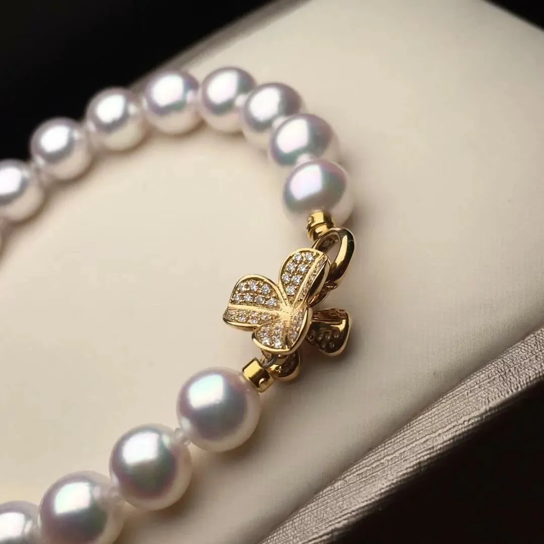 7.5-8.0 mm AAA White Akoya Pearl & Diamond Bracelet in G18K Clasp