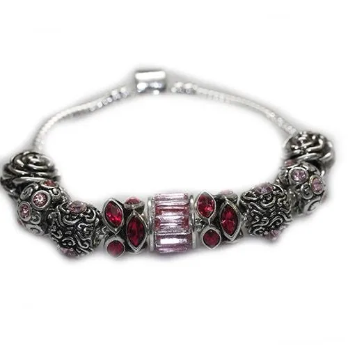 7.5" October Birthday Birthstone  Pink Girly Snake Chain Charm Bracelet