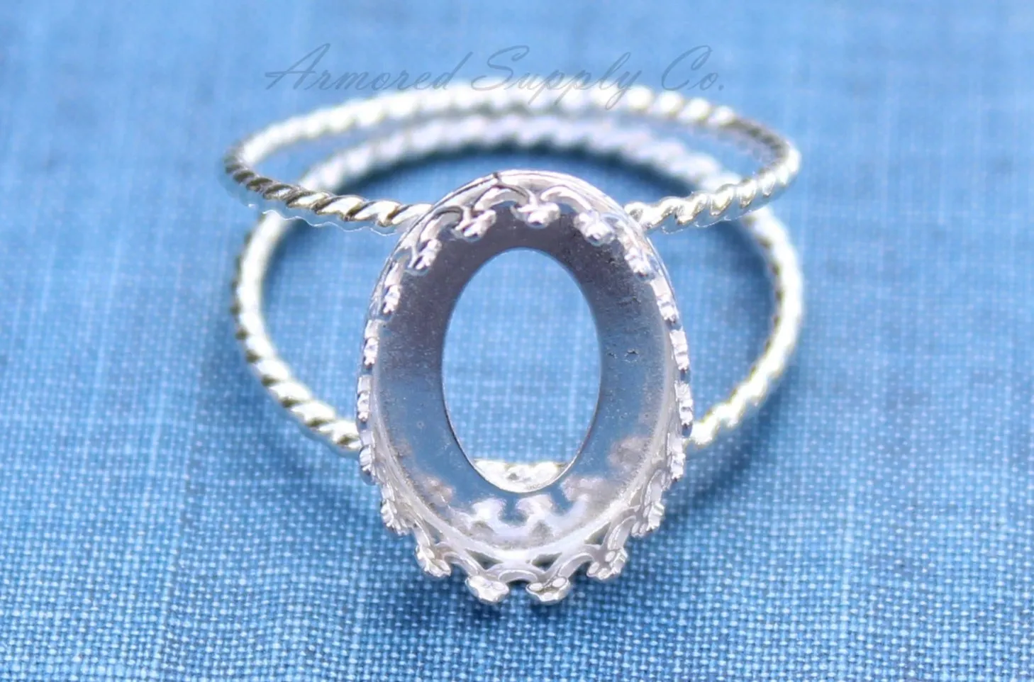8x6mm Oval Crown Bezel Silver Double Rope Band Ring blank