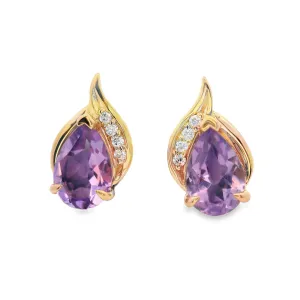 9ct Yellow Gold Pear Cut Amethyst and Round Diamond Stud Earrings