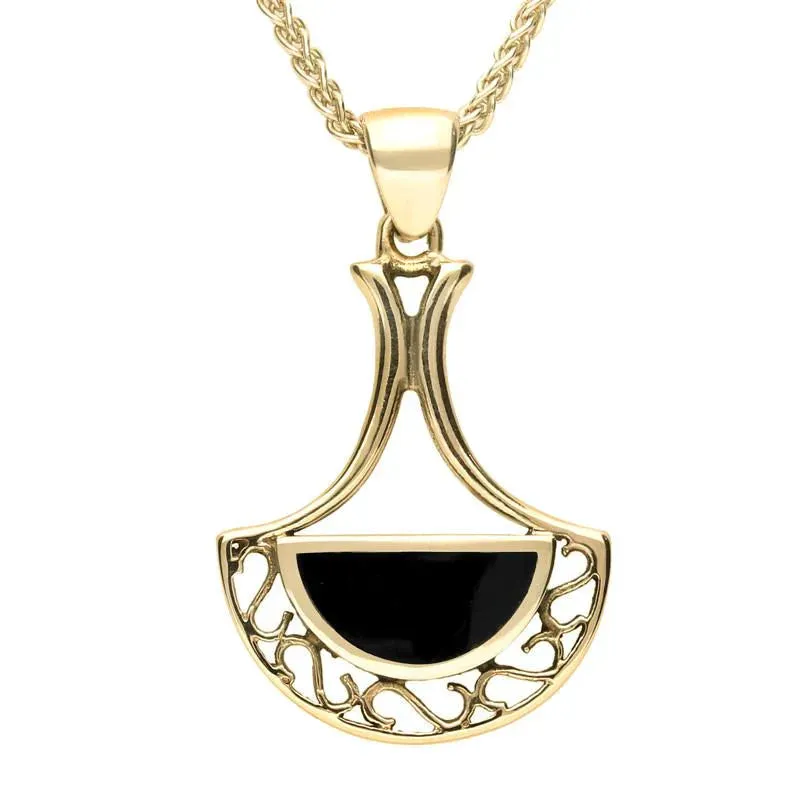 9ct Yellow Gold Whitby Jet Art Deco Fan Necklace