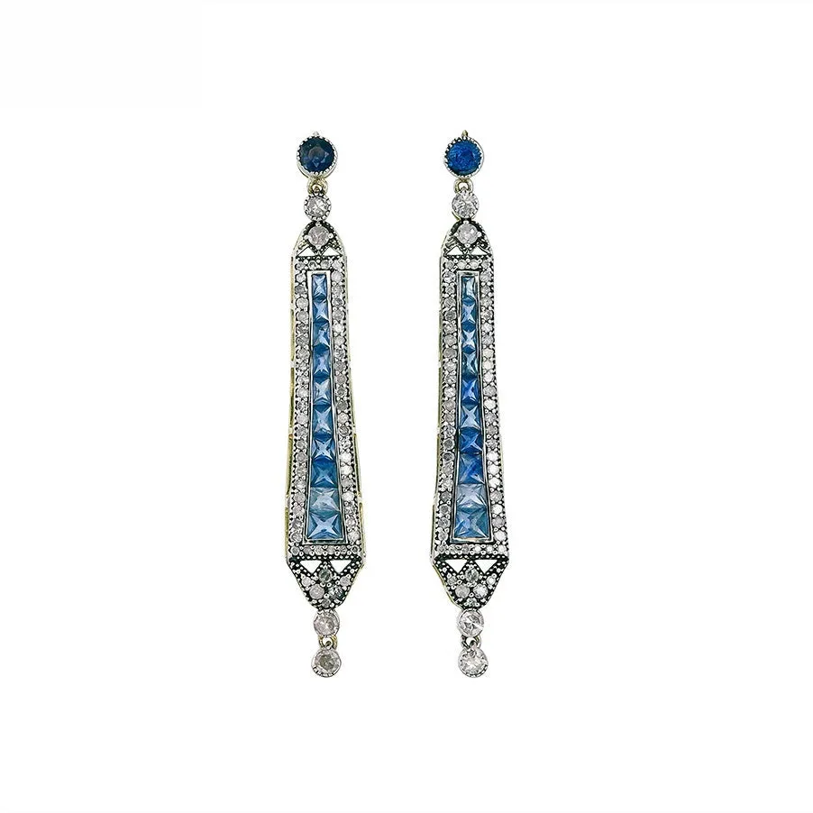 9K Gold and Silver Diamond with Natural Gemstone Art Deco Style Earrings