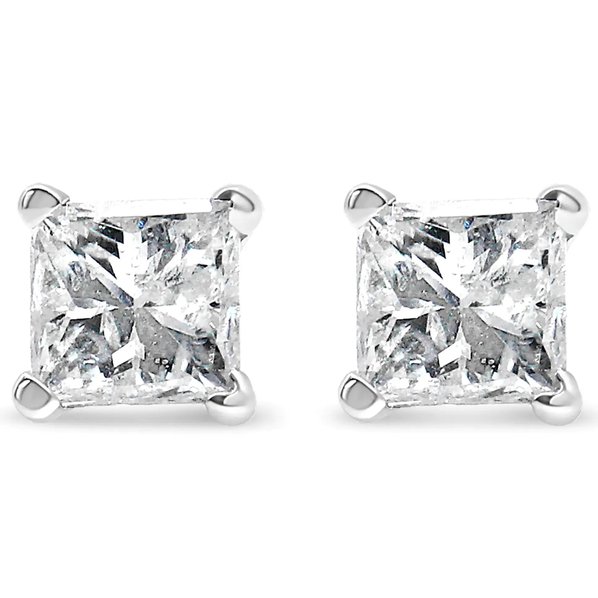 AGS Certified Princess Cut Diamond 14K Gold 4-Prong Solitaire Square Stud Earrings (L-M Color, I1-I2 Clarity)