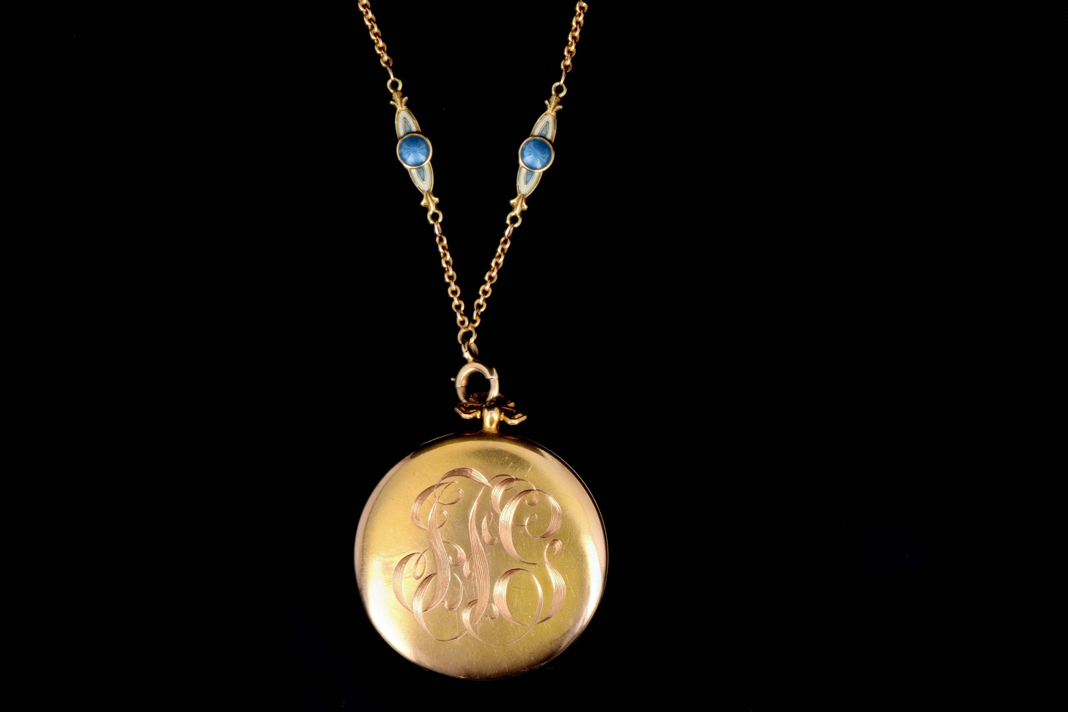 Alling & Co. 14K Art Nouveau Blue Guilloche Enamel Locket Necklace Newark NJ