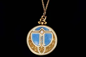 Alling & Co. 14K Art Nouveau Blue Guilloche Enamel Locket Necklace Newark NJ