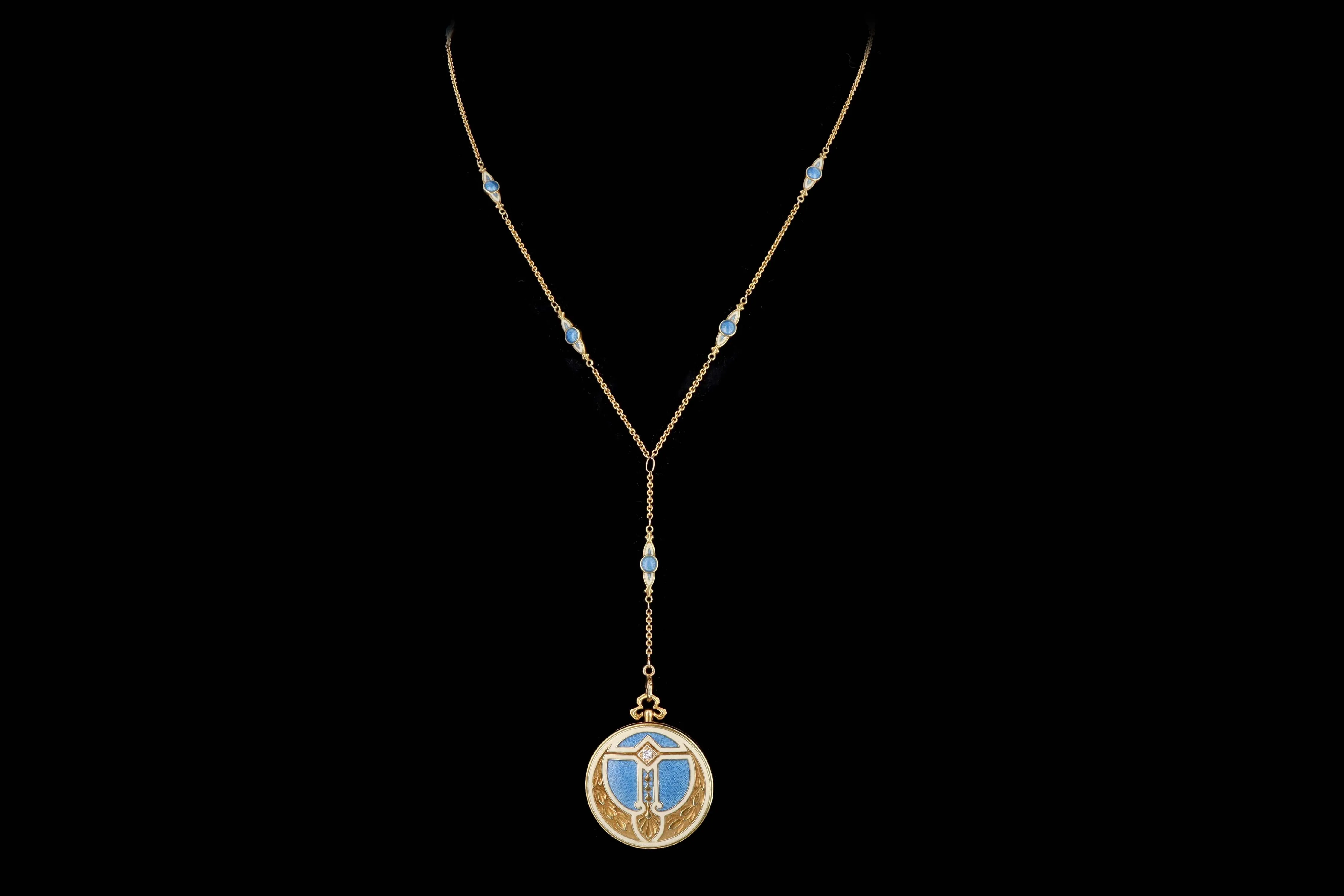 Alling & Co. 14K Art Nouveau Blue Guilloche Enamel Locket Necklace Newark NJ