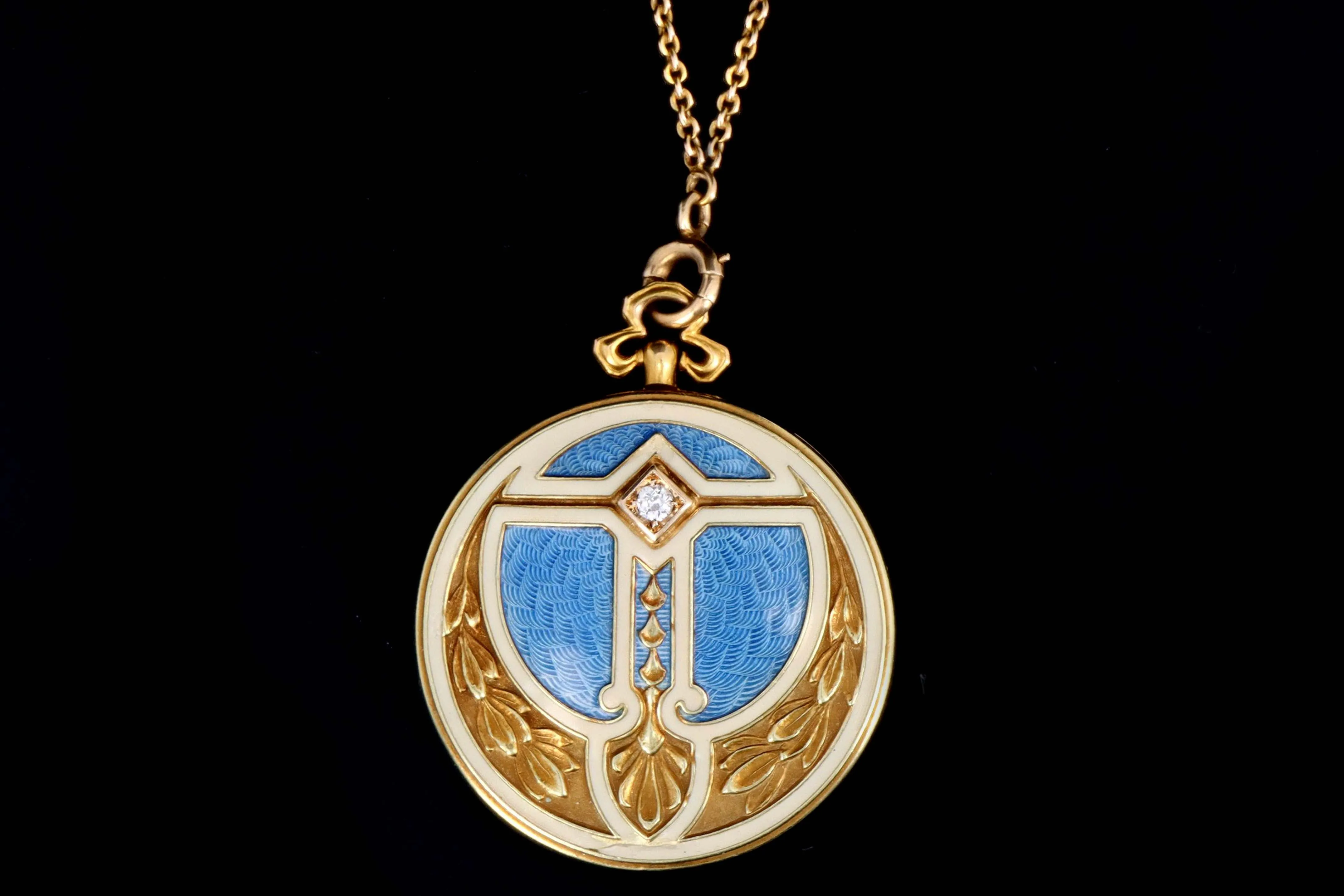 Alling & Co. 14K Art Nouveau Blue Guilloche Enamel Locket Necklace Newark NJ