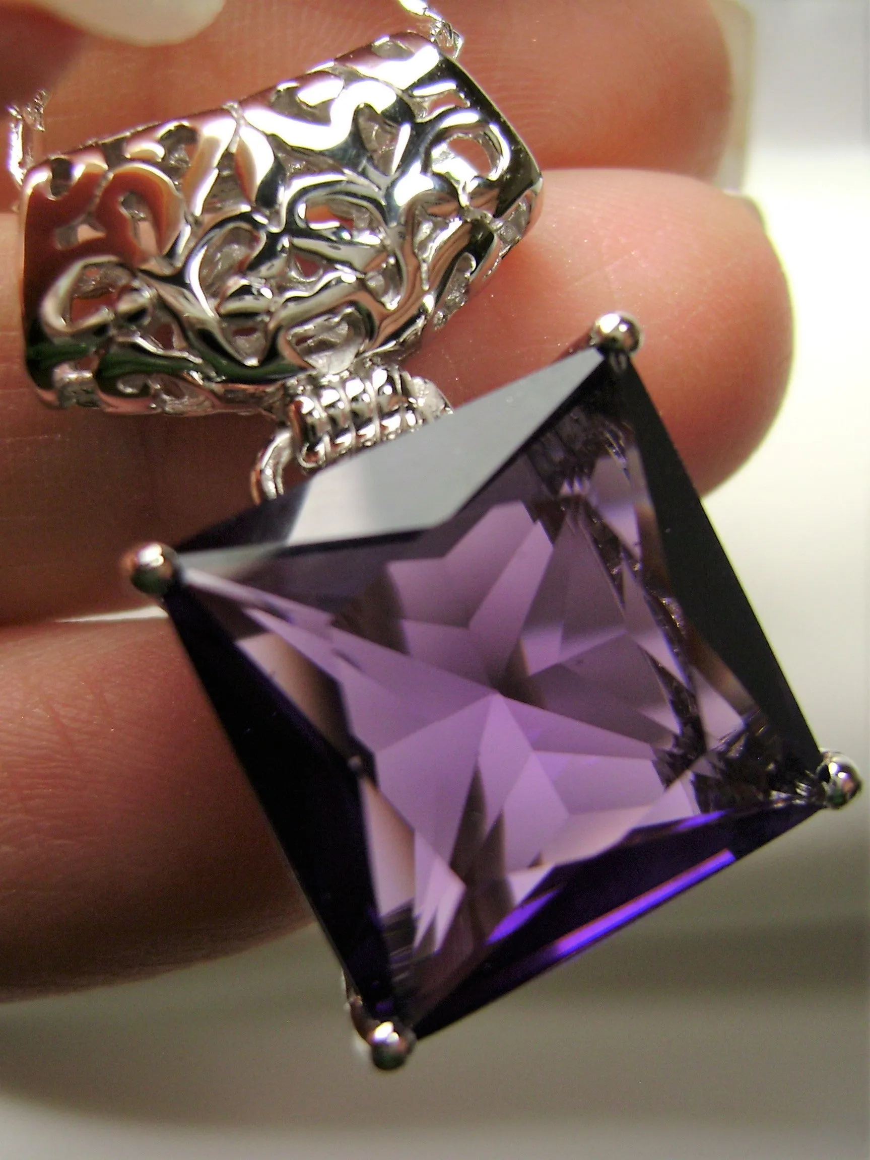 Amethyst Pendant, Square Gem, Sterling Silver Art Deco Jewelry #P45