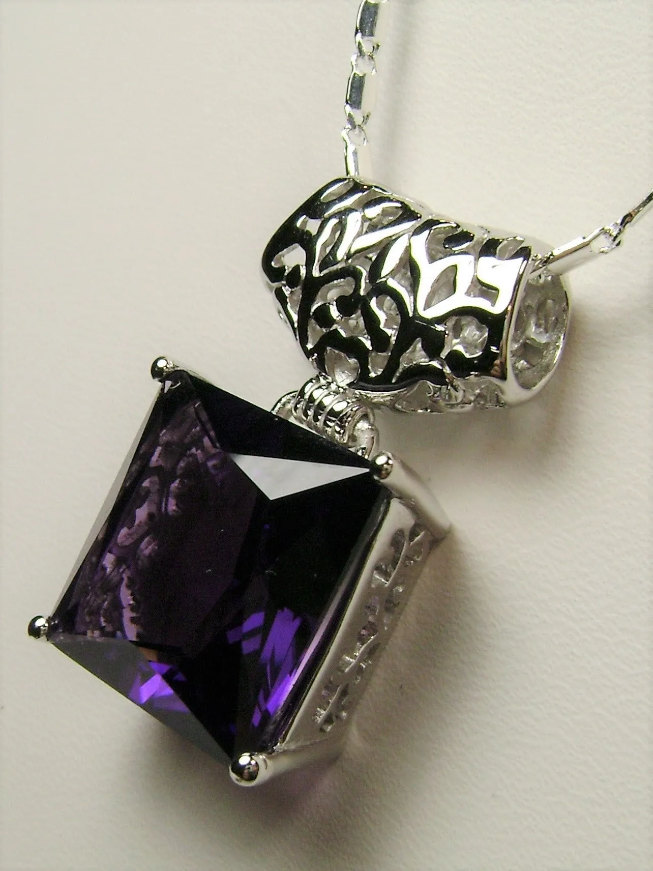 Amethyst Pendant, Square Gem, Sterling Silver Art Deco Jewelry #P45