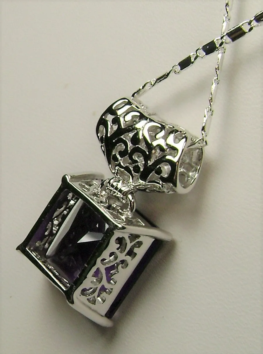 Amethyst Pendant, Square Gem, Sterling Silver Art Deco Jewelry #P45