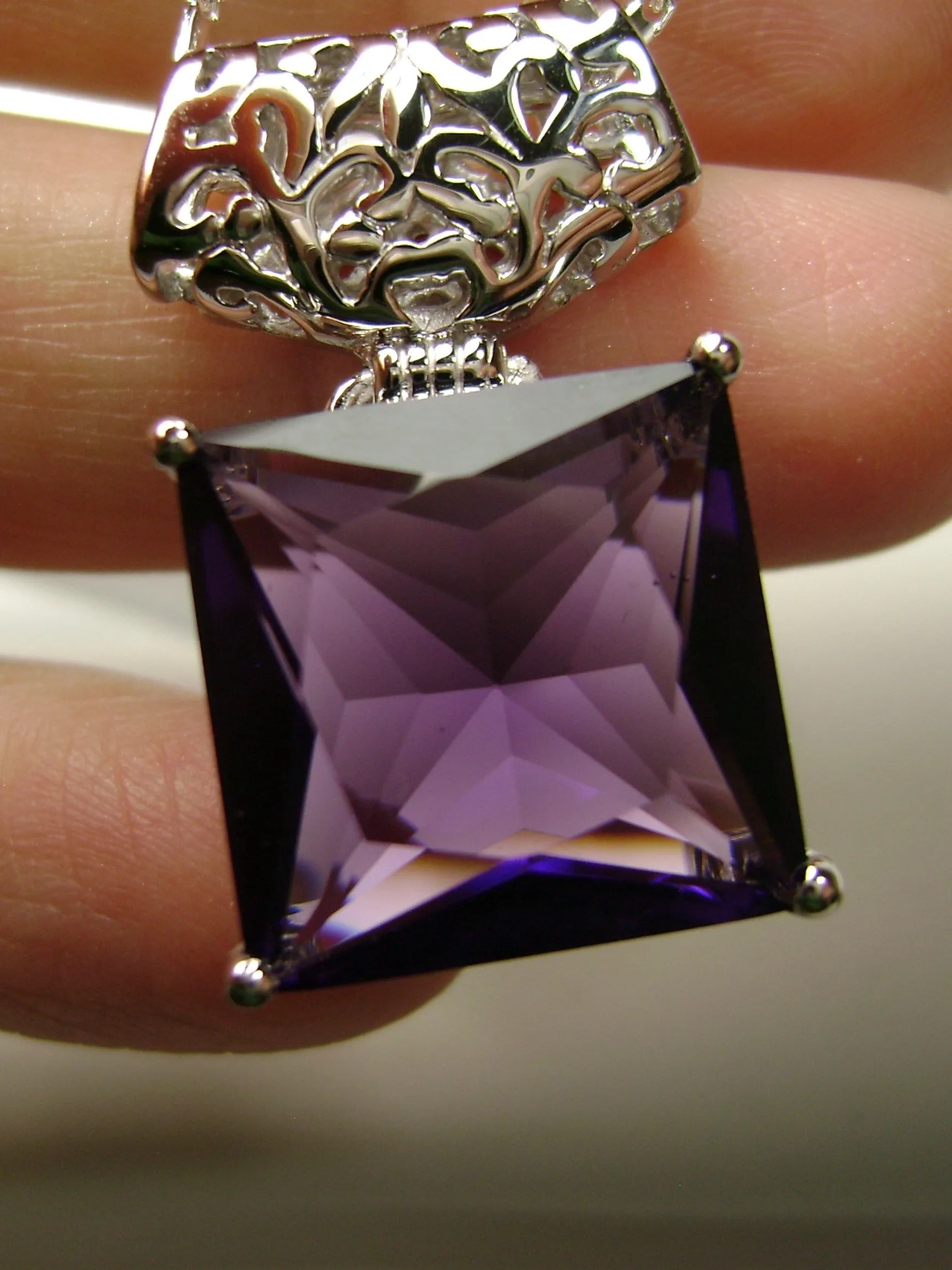 Amethyst Pendant, Square Gem, Sterling Silver Art Deco Jewelry #P45