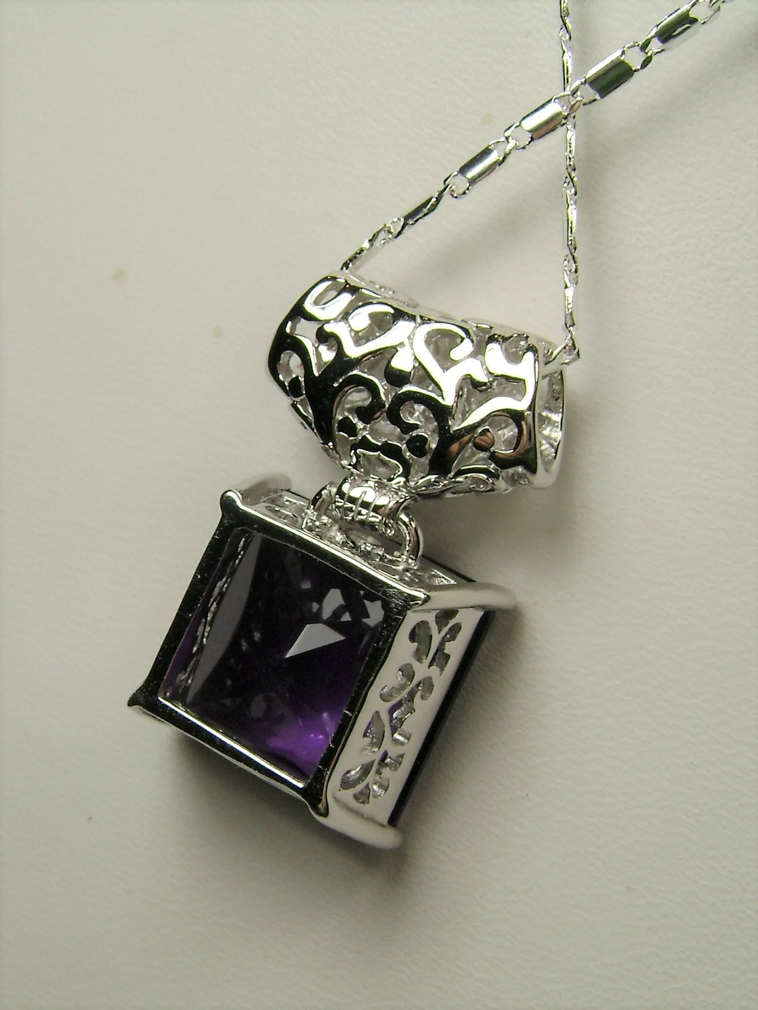 Amethyst Pendant, Square Gem, Sterling Silver Art Deco Jewelry #P45