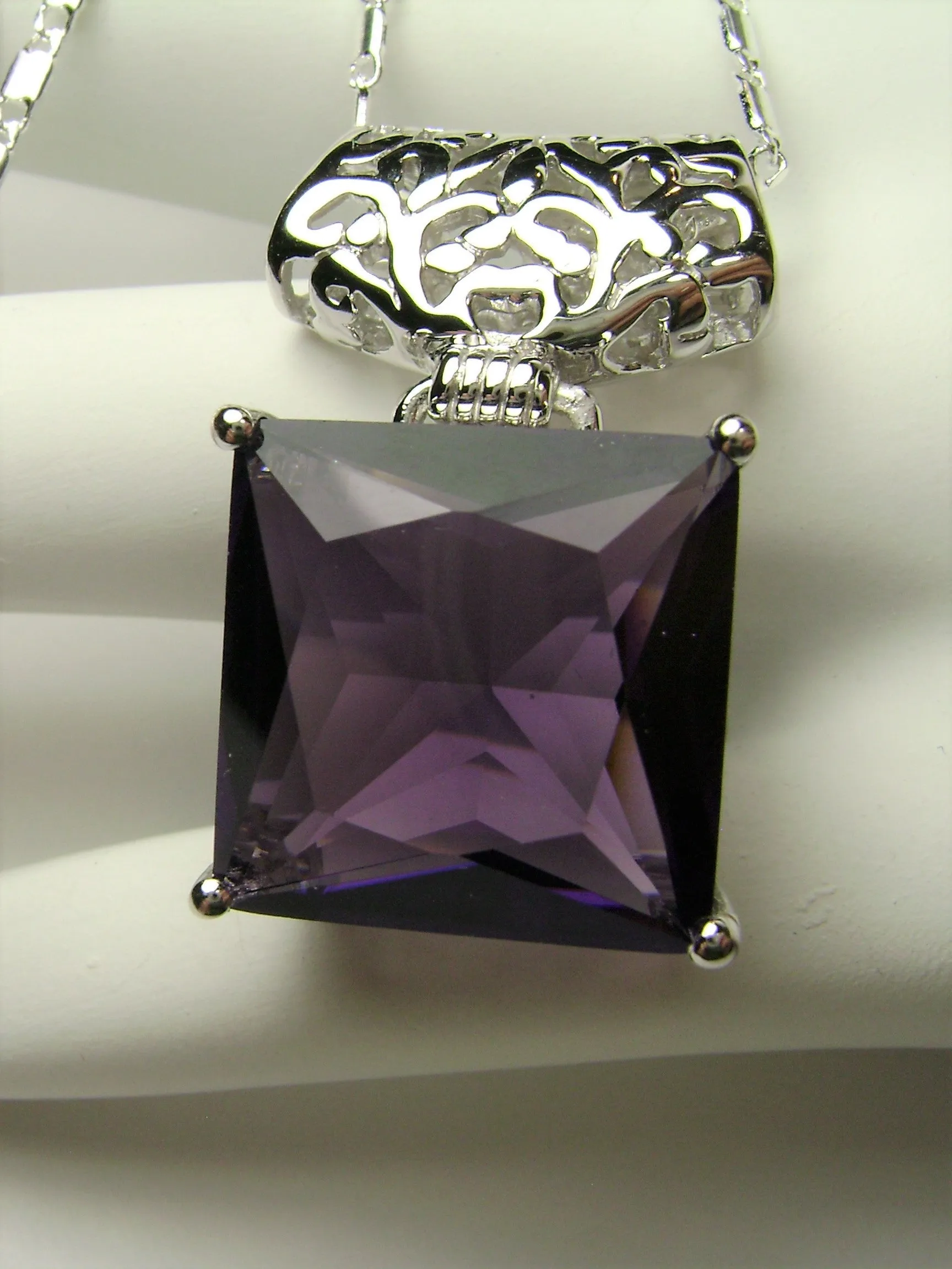 Amethyst Pendant, Square Gem, Sterling Silver Art Deco Jewelry #P45