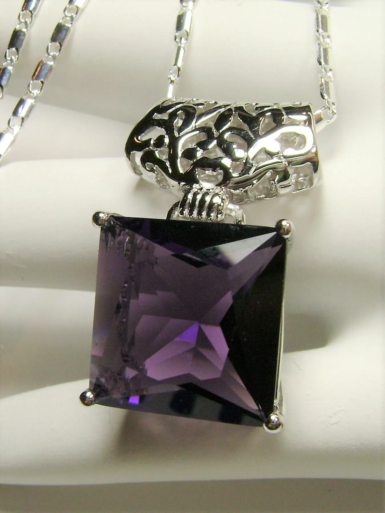 Amethyst Pendant, Square Gem, Sterling Silver Art Deco Jewelry #P45