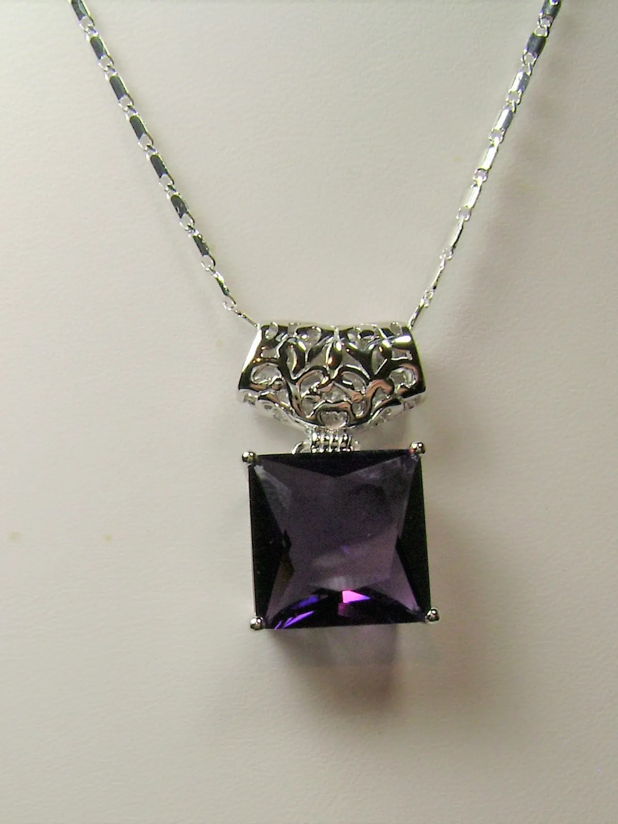 Amethyst Pendant, Square Gem, Sterling Silver Art Deco Jewelry #P45