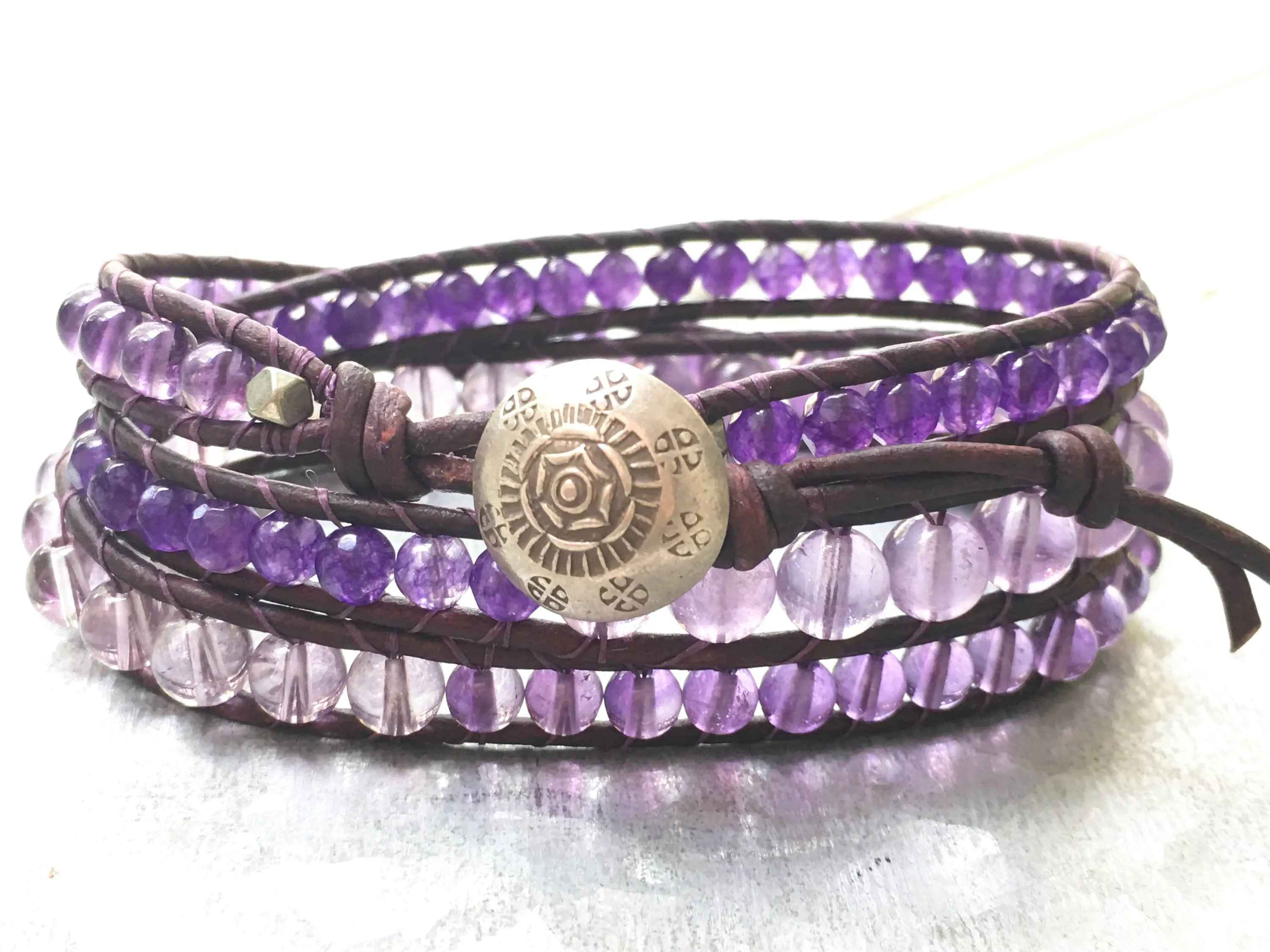 Amethyst Triple Leather Wrap Bracelet