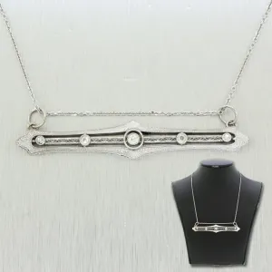 Antique Art Deco 0.45ctw Diamond Filigree Bar Pendant - 14k White Gold Necklace