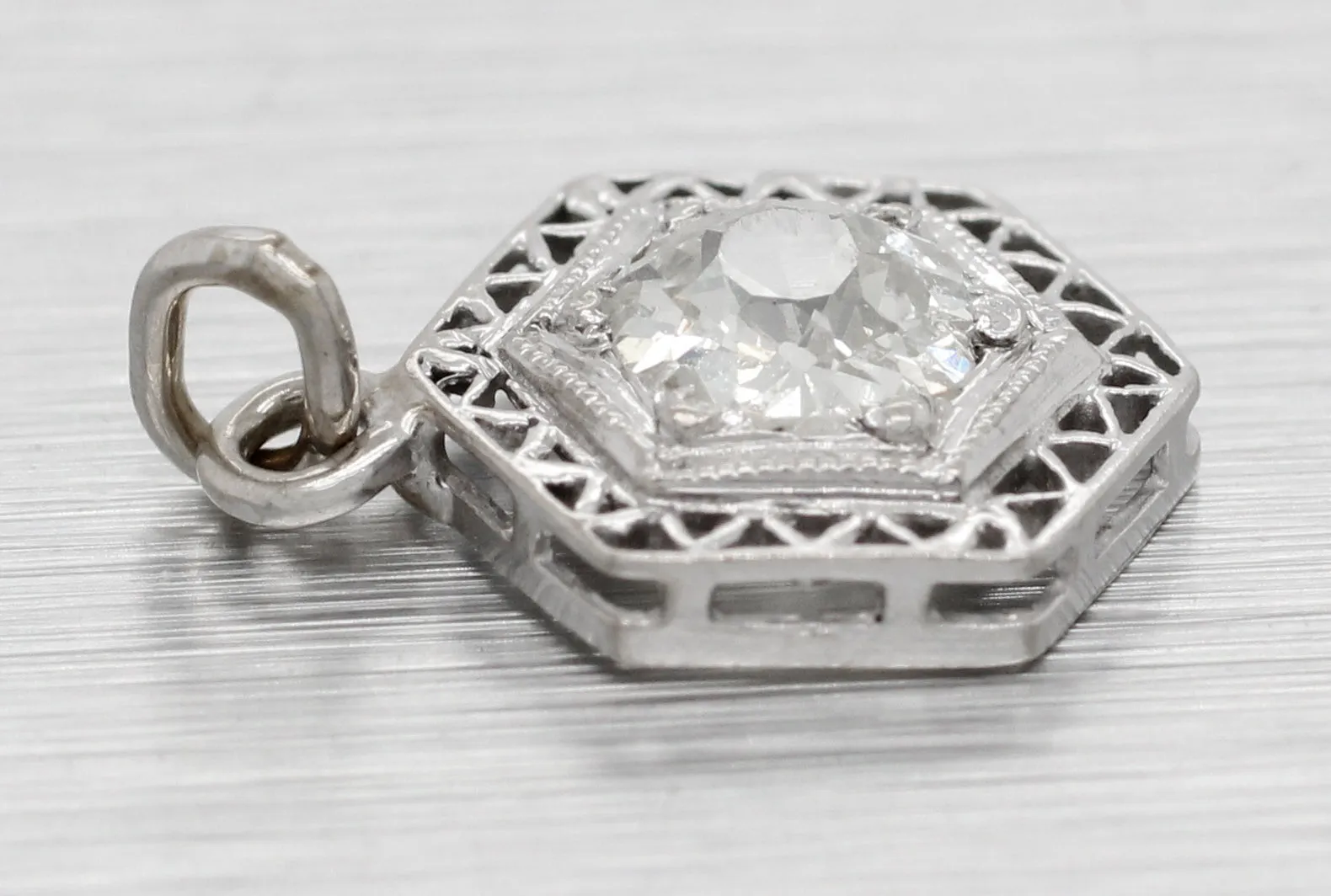 Antique Art Deco 0.50ct Diamond Hexagon Charm - 14k White Gold Filigree Setting
