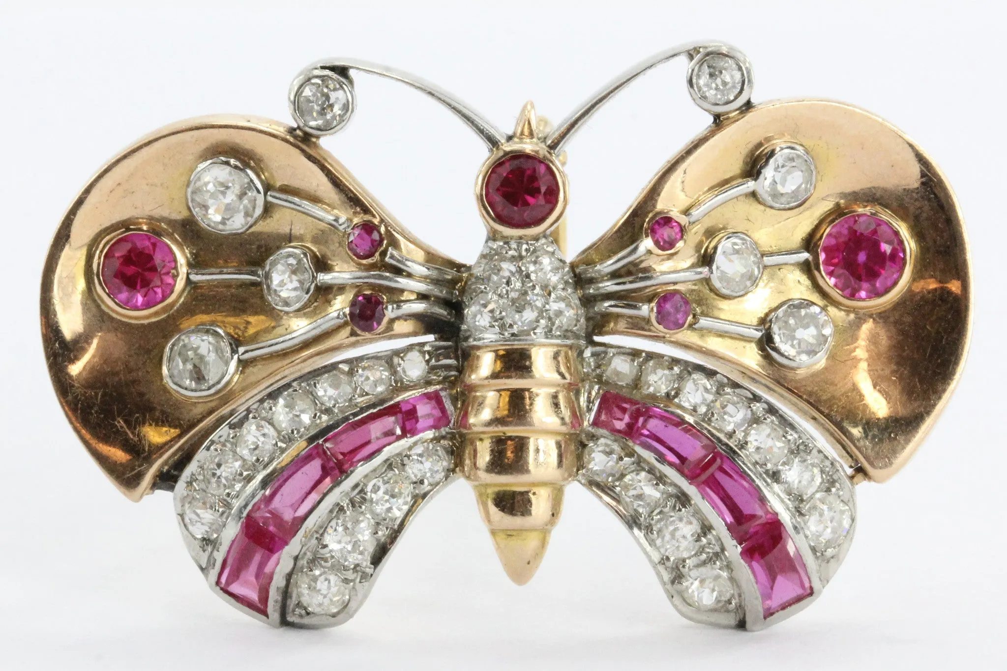 Antique Art Deco 18K Gold Diamond & Ruby Butterfly Moth Pendant Walser Wald