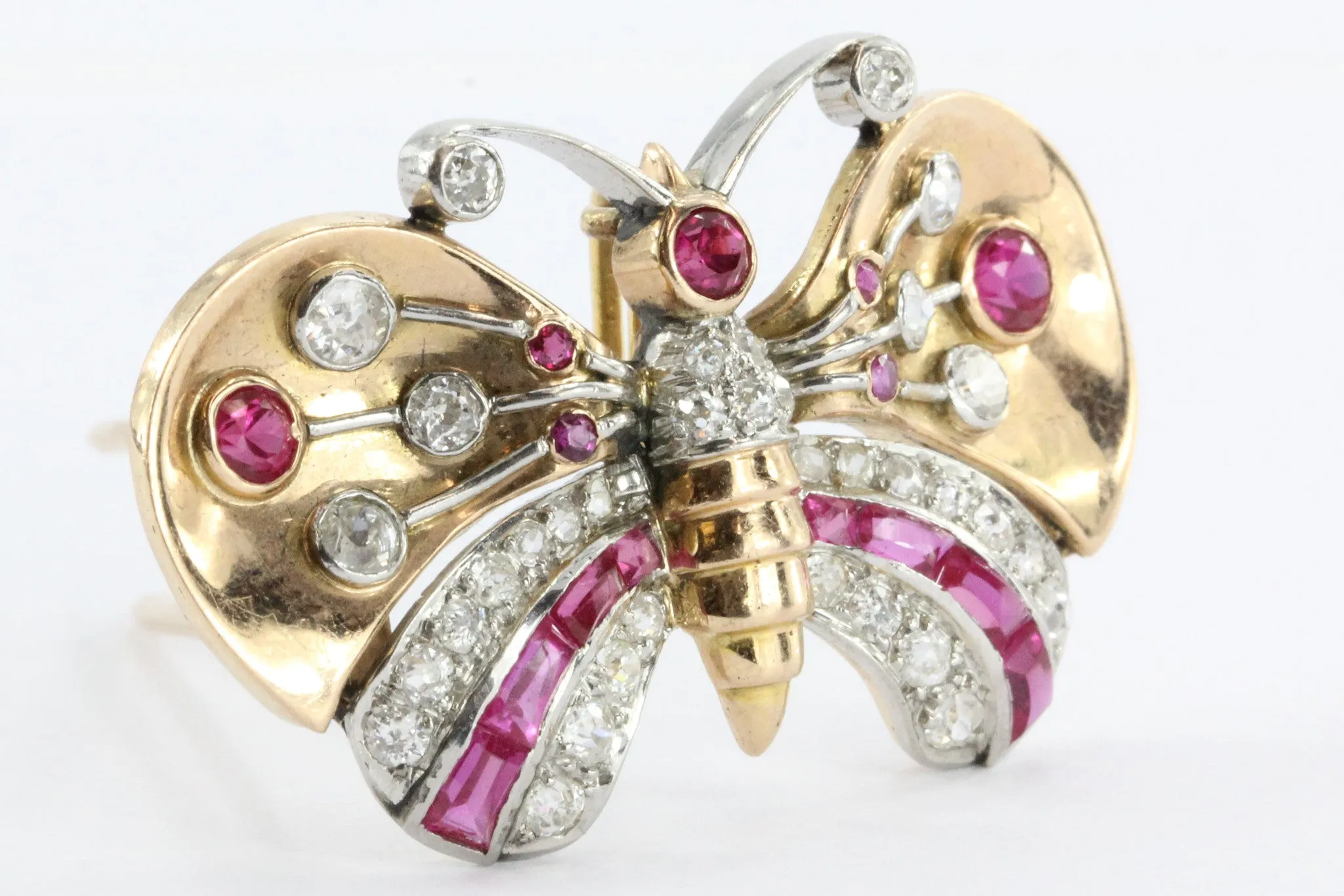 Antique Art Deco 18K Gold Diamond & Ruby Butterfly Moth Pendant Walser Wald