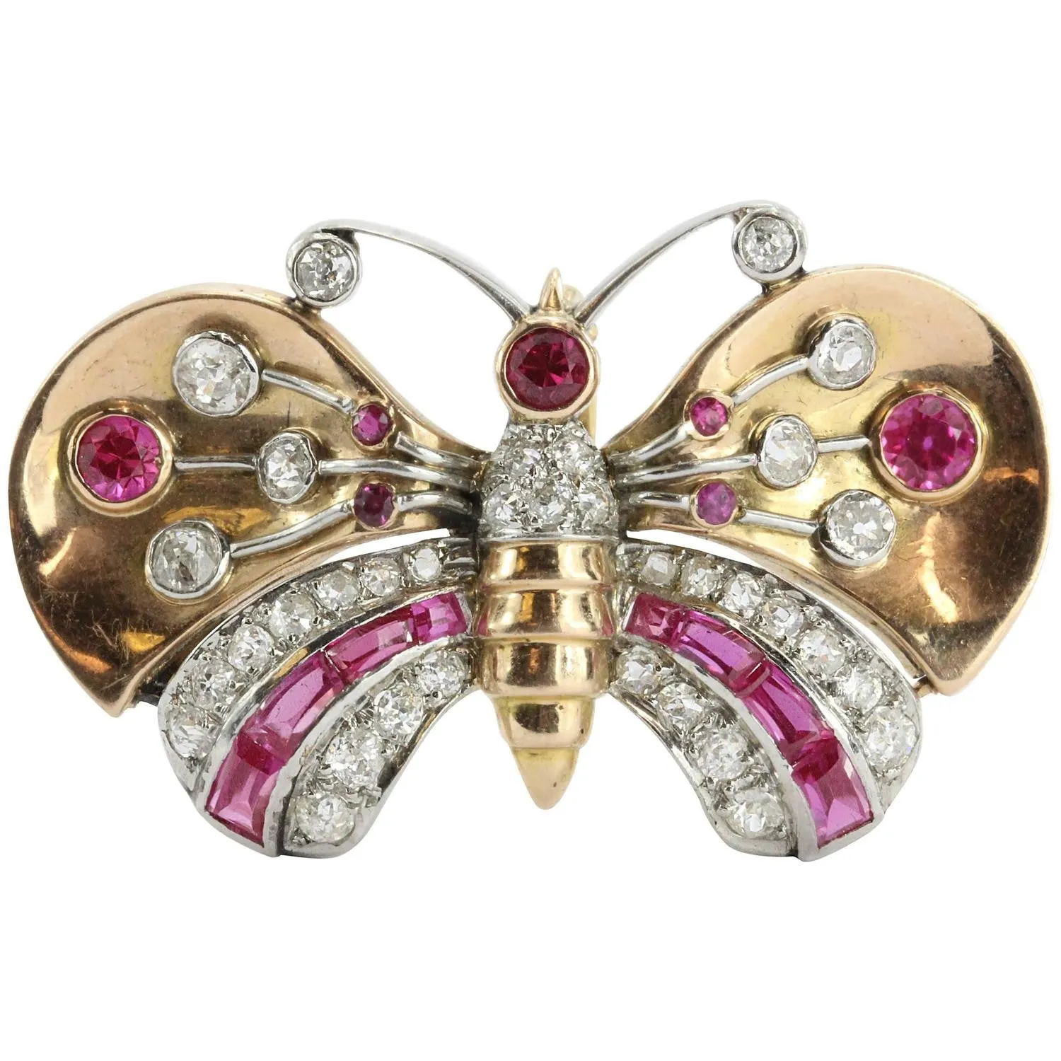 Antique Art Deco 18K Gold Diamond & Ruby Butterfly Moth Pendant Walser Wald