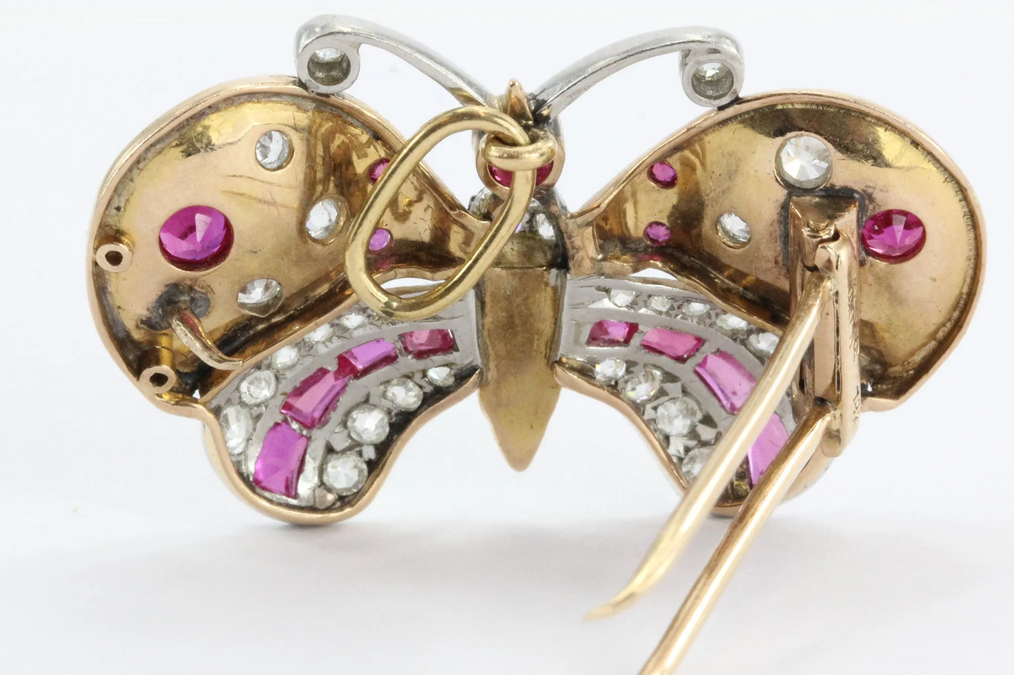 Antique Art Deco 18K Gold Diamond & Ruby Butterfly Moth Pendant Walser Wald
