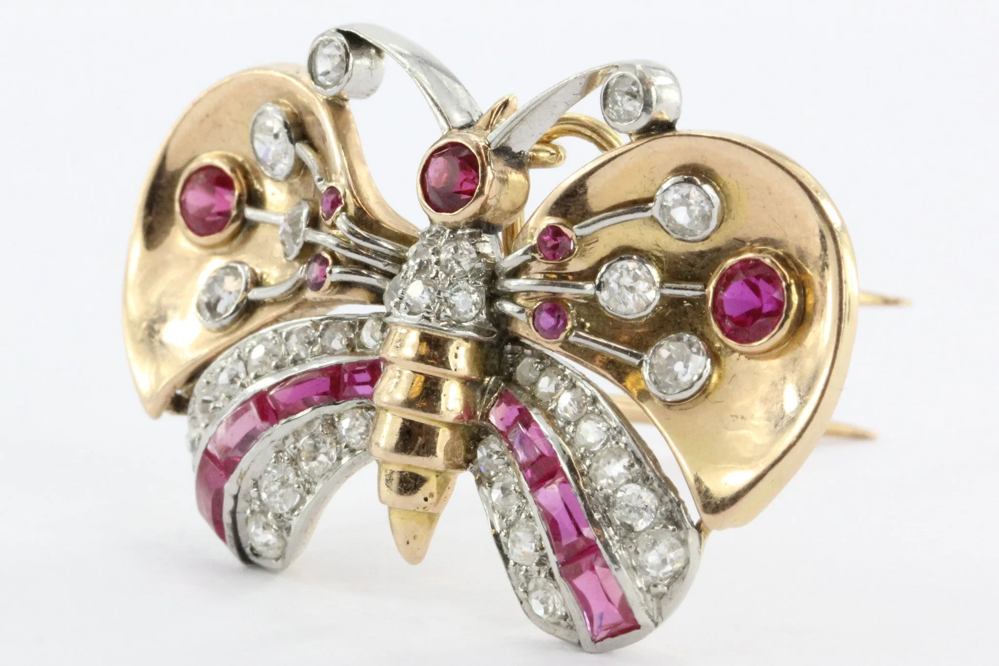 Antique Art Deco 18K Gold Diamond & Ruby Butterfly Moth Pendant Walser Wald