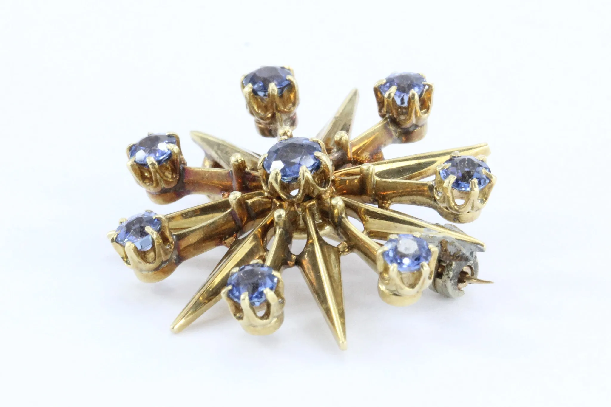 Antique Art Deco 18K Gold Sapphire Star Burst / Snowflake Pendant / Brooch
