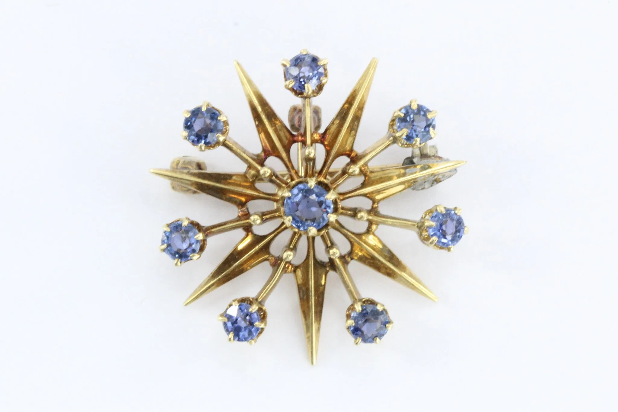 Antique Art Deco 18K Gold Sapphire Star Burst / Snowflake Pendant / Brooch