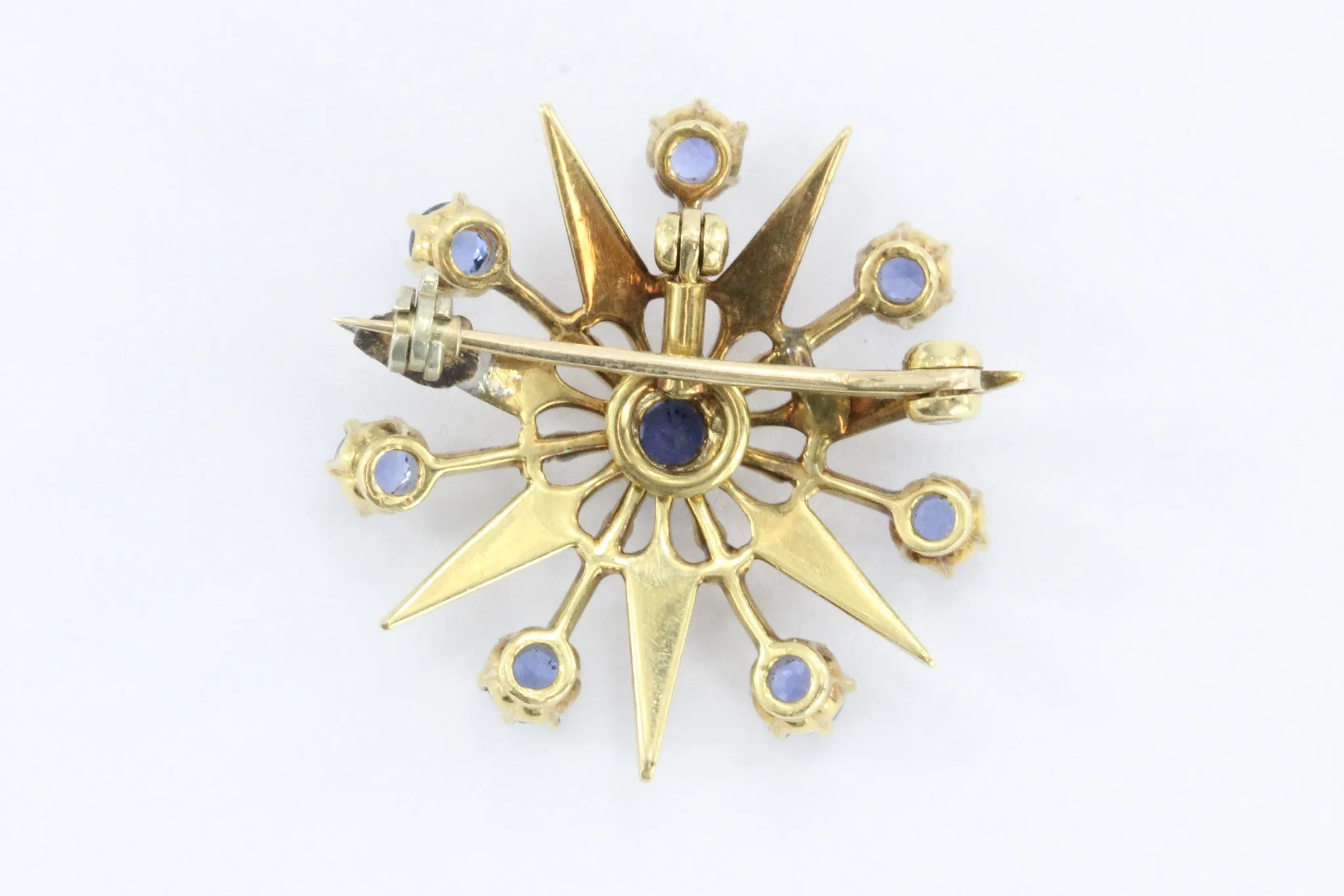 Antique Art Deco 18K Gold Sapphire Star Burst / Snowflake Pendant / Brooch
