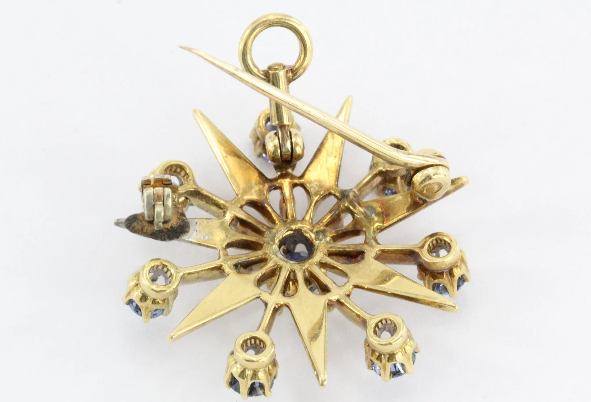 Antique Art Deco 18K Gold Sapphire Star Burst / Snowflake Pendant / Brooch