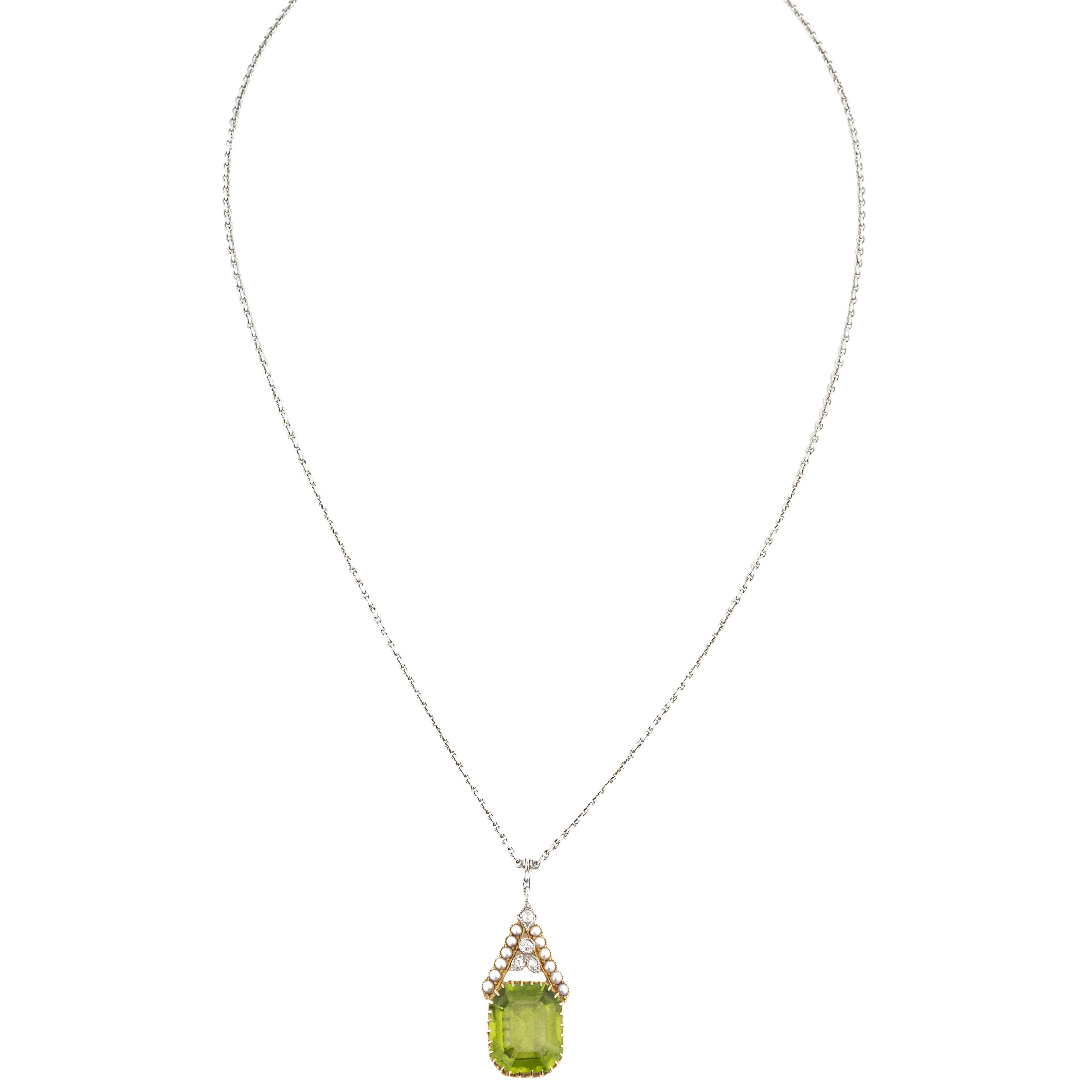 Antique Art Deco 7.5 Carat Peridot Diamond Seed Pearl Lavalier Pendant Necklace