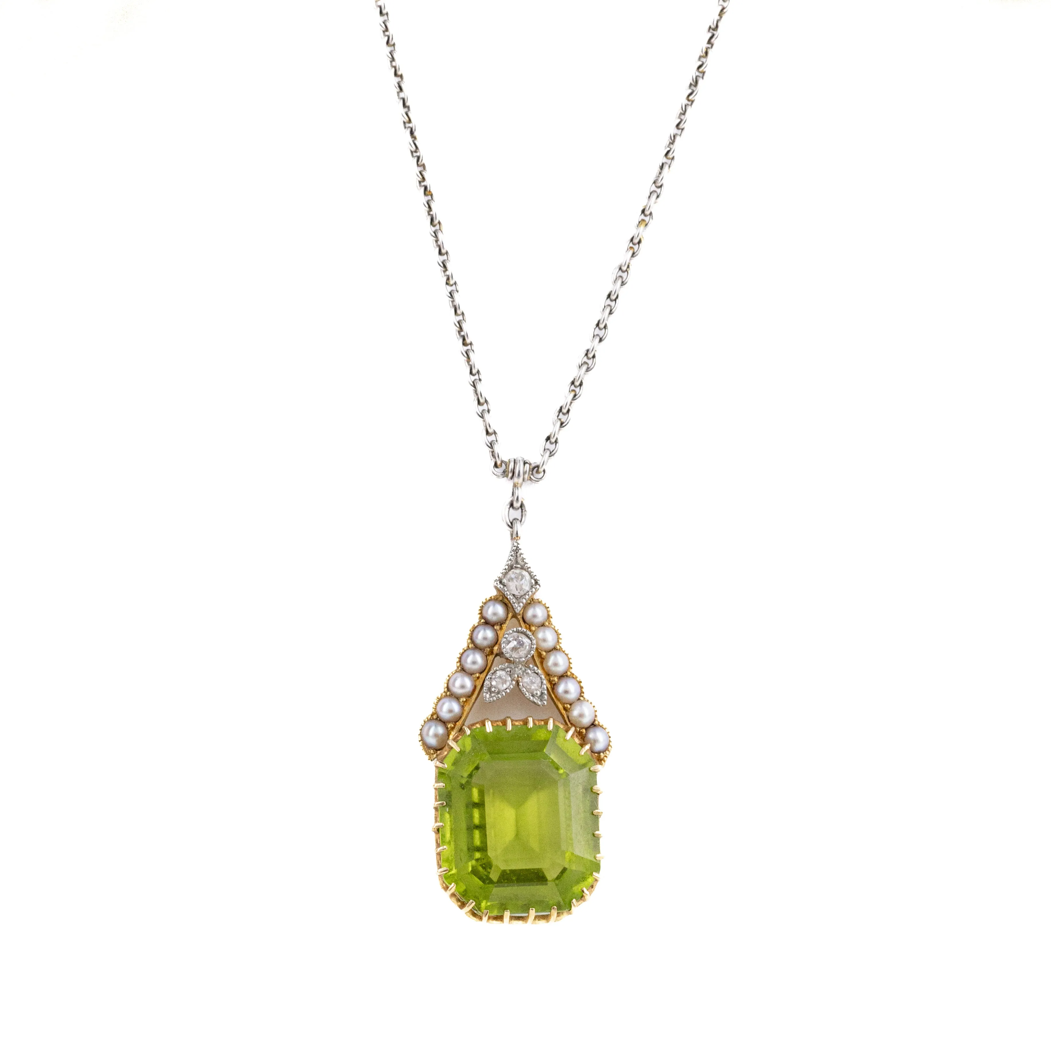 Antique Art Deco 7.5 Carat Peridot Diamond Seed Pearl Lavalier Pendant Necklace