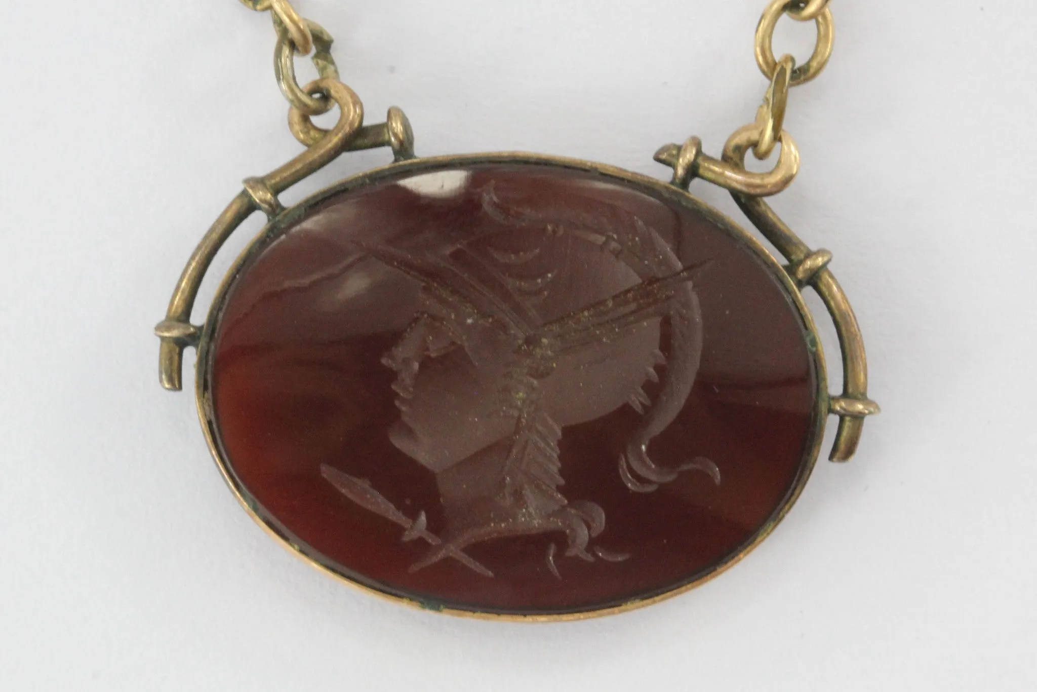 Antique Art Deco Carnelian 10K Gold & GF Athena Warrior Intaglio Cameo Necklace