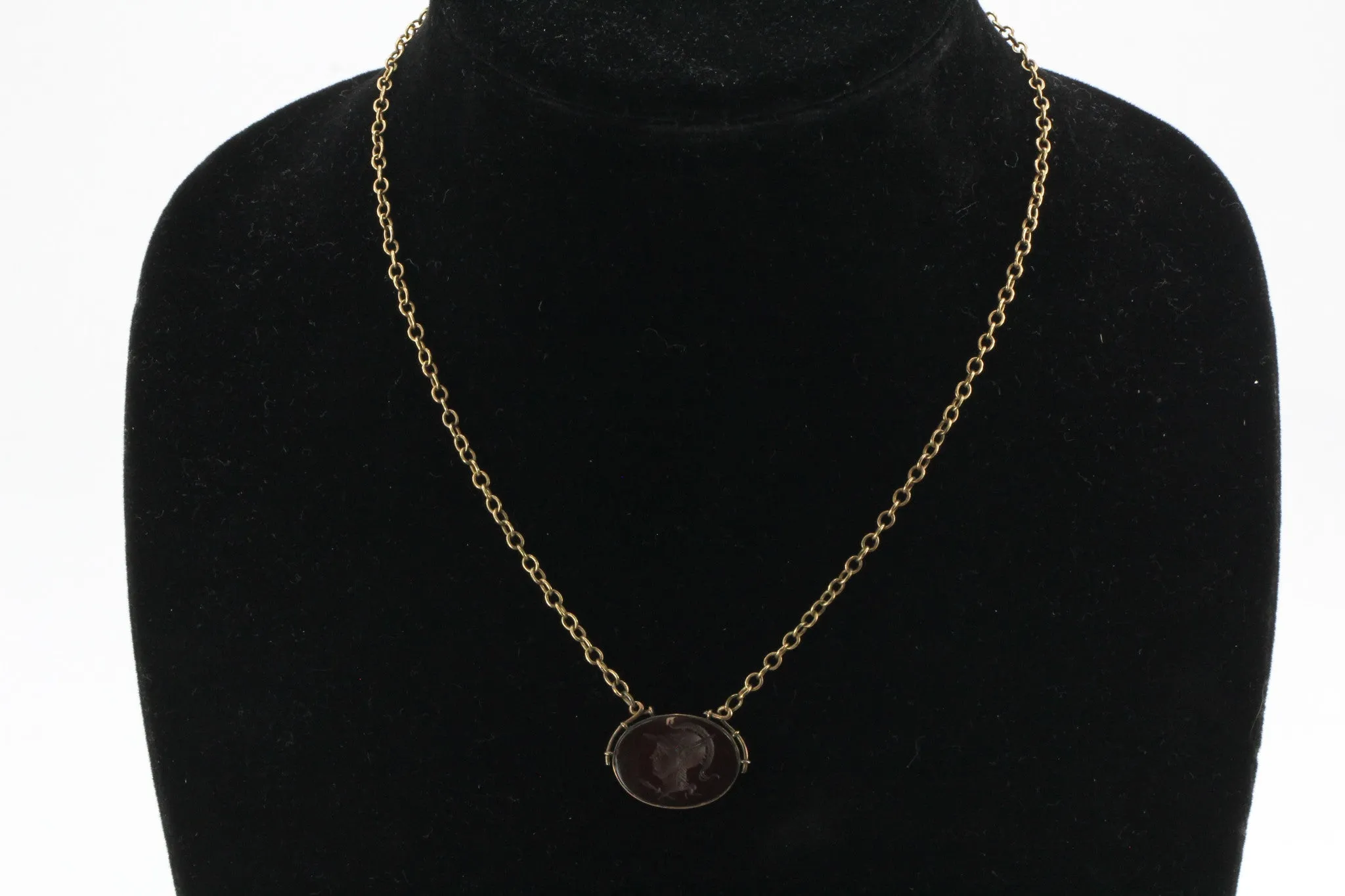 Antique Art Deco Carnelian 10K Gold & GF Athena Warrior Intaglio Cameo Necklace