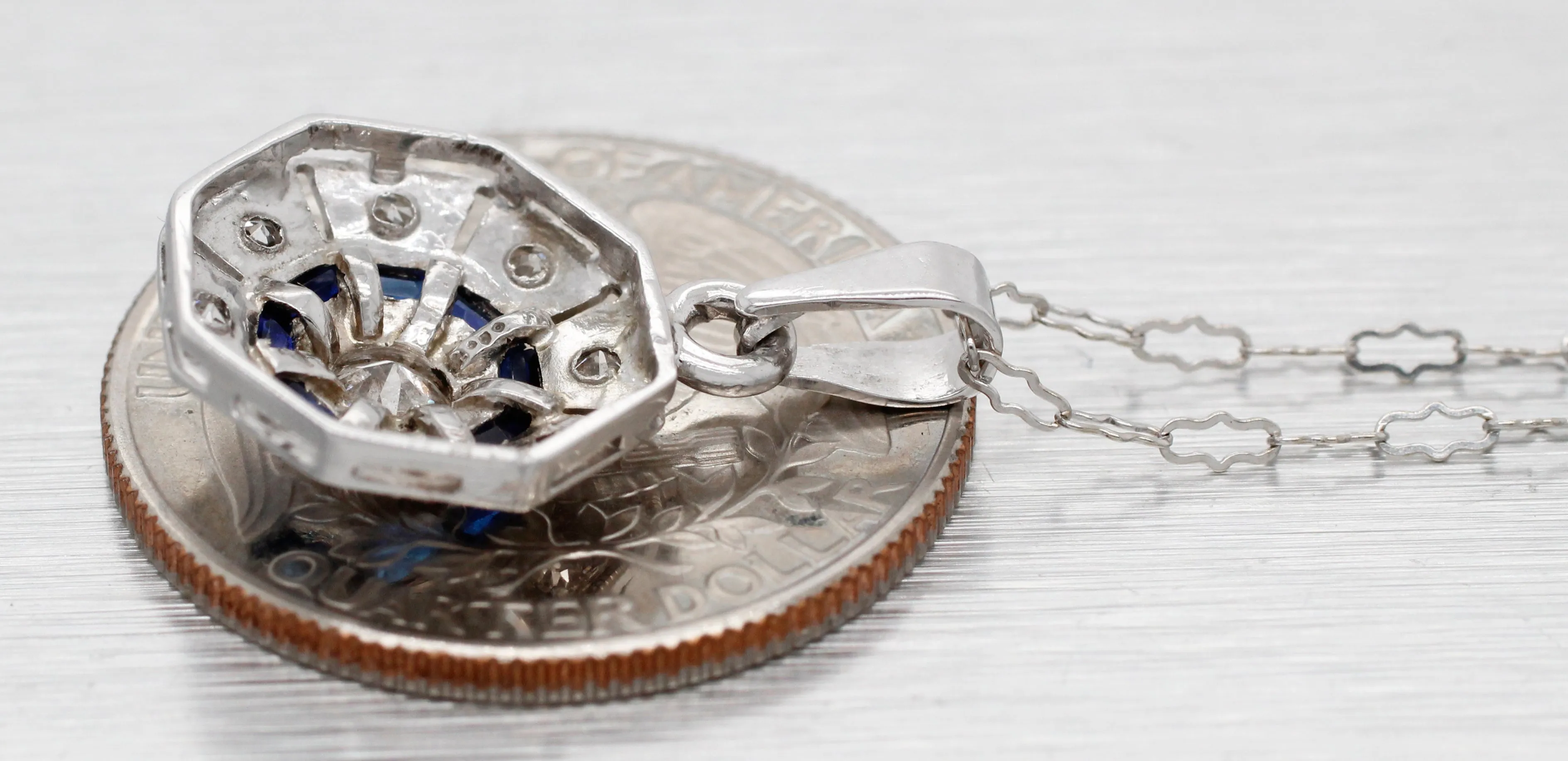 Antique Art Deco Diamond Sapphire Octagon Pendant - 14k White Gold Necklace - 16"